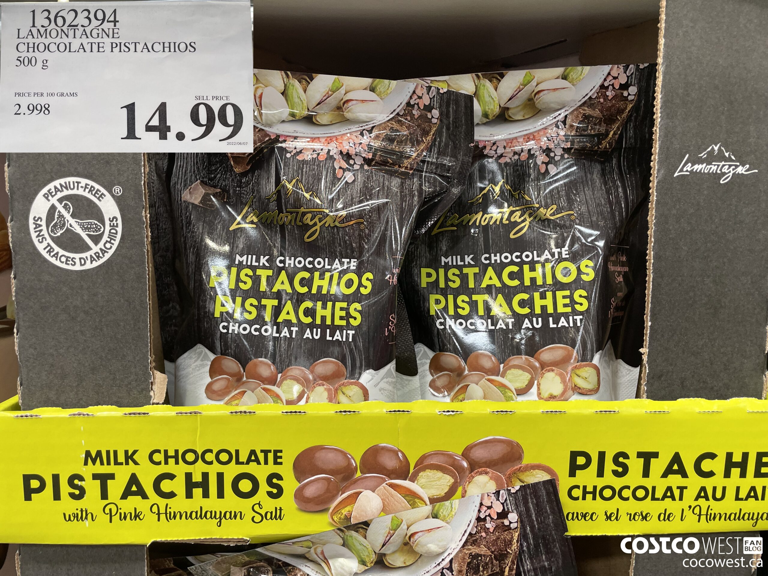 1362394 LAMONTAGNE CHOCOLATE PISTACHIOS 500 g $14.99