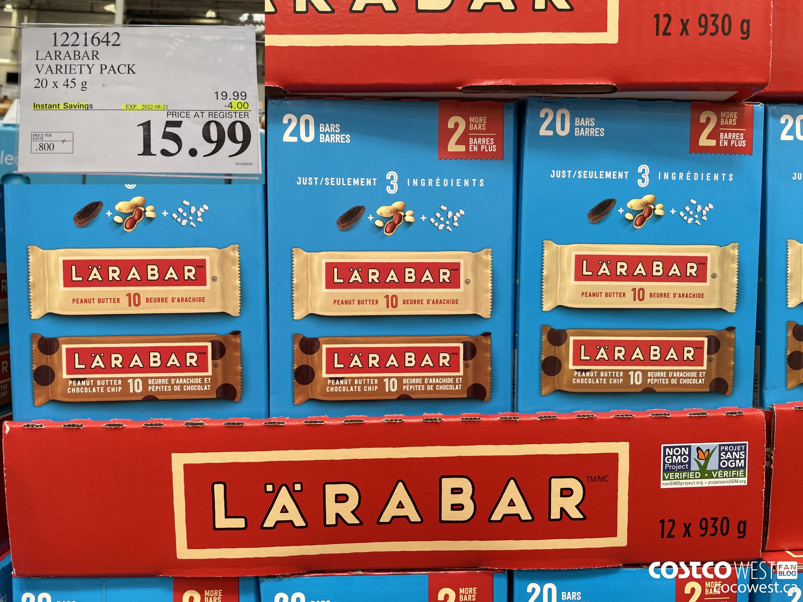 1221642 LARABAR VARIETY PACK 20 x 45 g ($4.00 INSTANT SAVINGS EXPIRES ON 2022-08-21) $15.99