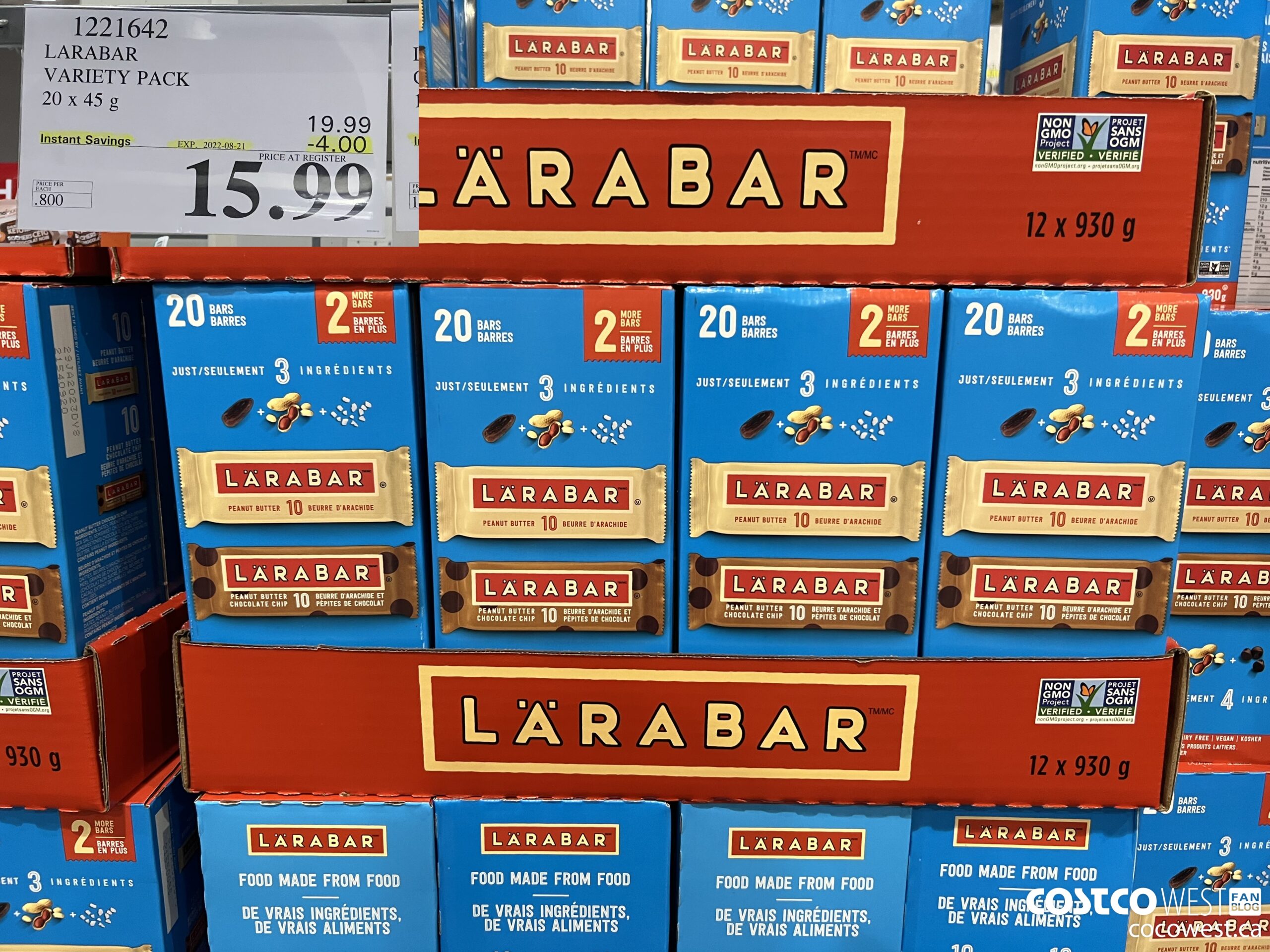 1221642 LARABAR VARIETY PACK 20 x 45 g ($4.00 INSTANT SAVINGS EXPIRES ON 2022-08-21) $15.99