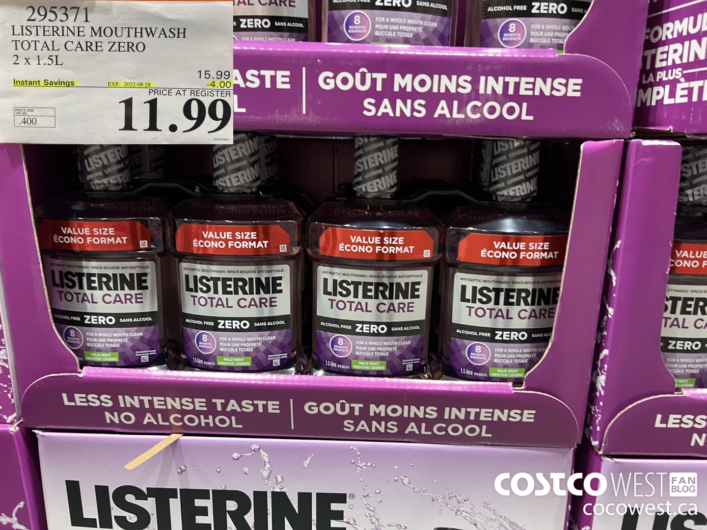 295371 LISTERINE MOUTHWASH TOTAL CARE ZERO 2 x 1.5L  ($4.00 INSTANT SAVINGS EXPIRES ON 2022-08-28) $11.99