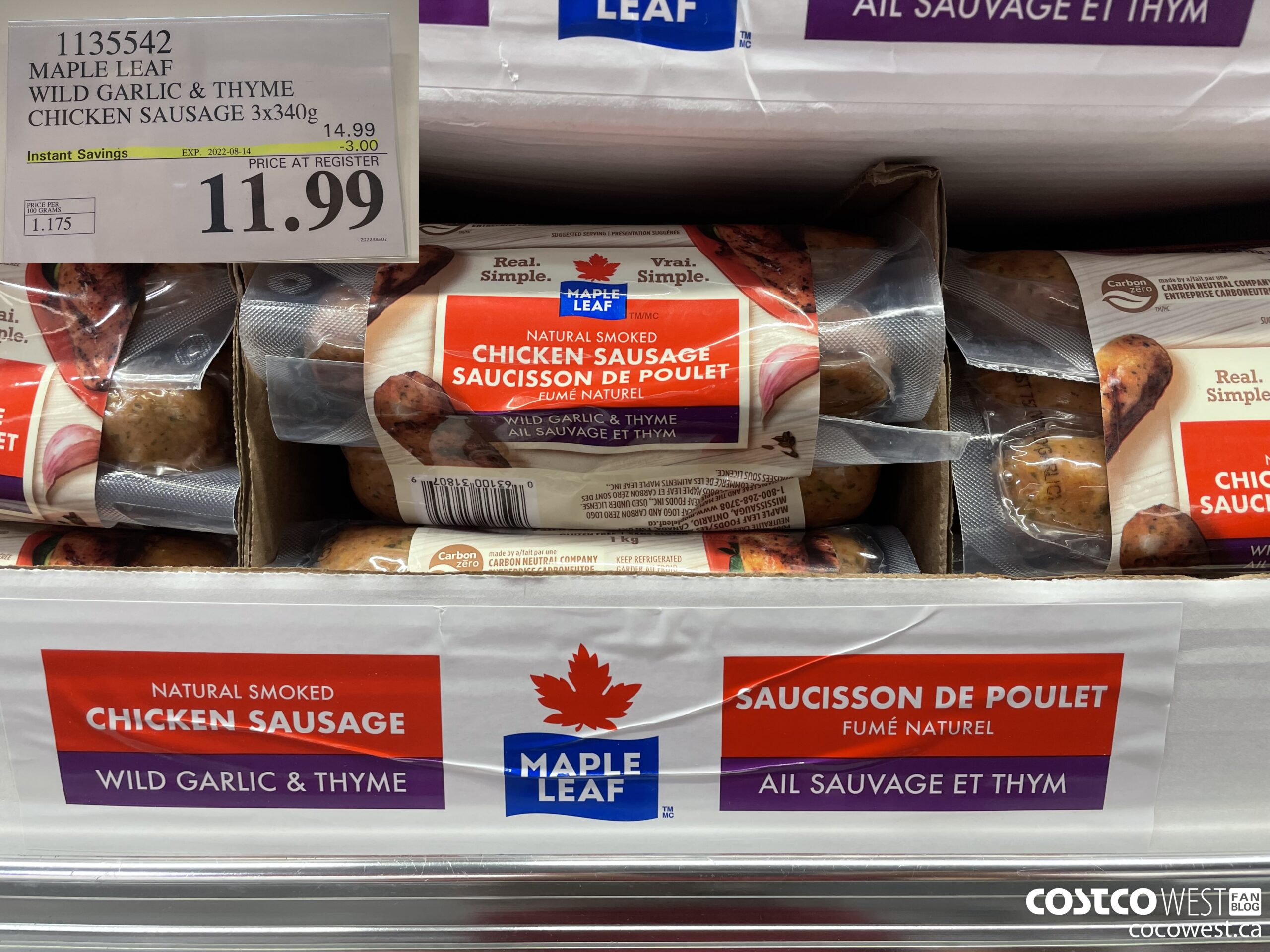 1135542 MAPLE LEAF WILD GARLIC & THYME CHICKEN SAUSAGE 3X340G ($3.00 INSTANT SAVINGS EXPIRES ON 2022-08-14) $11.99