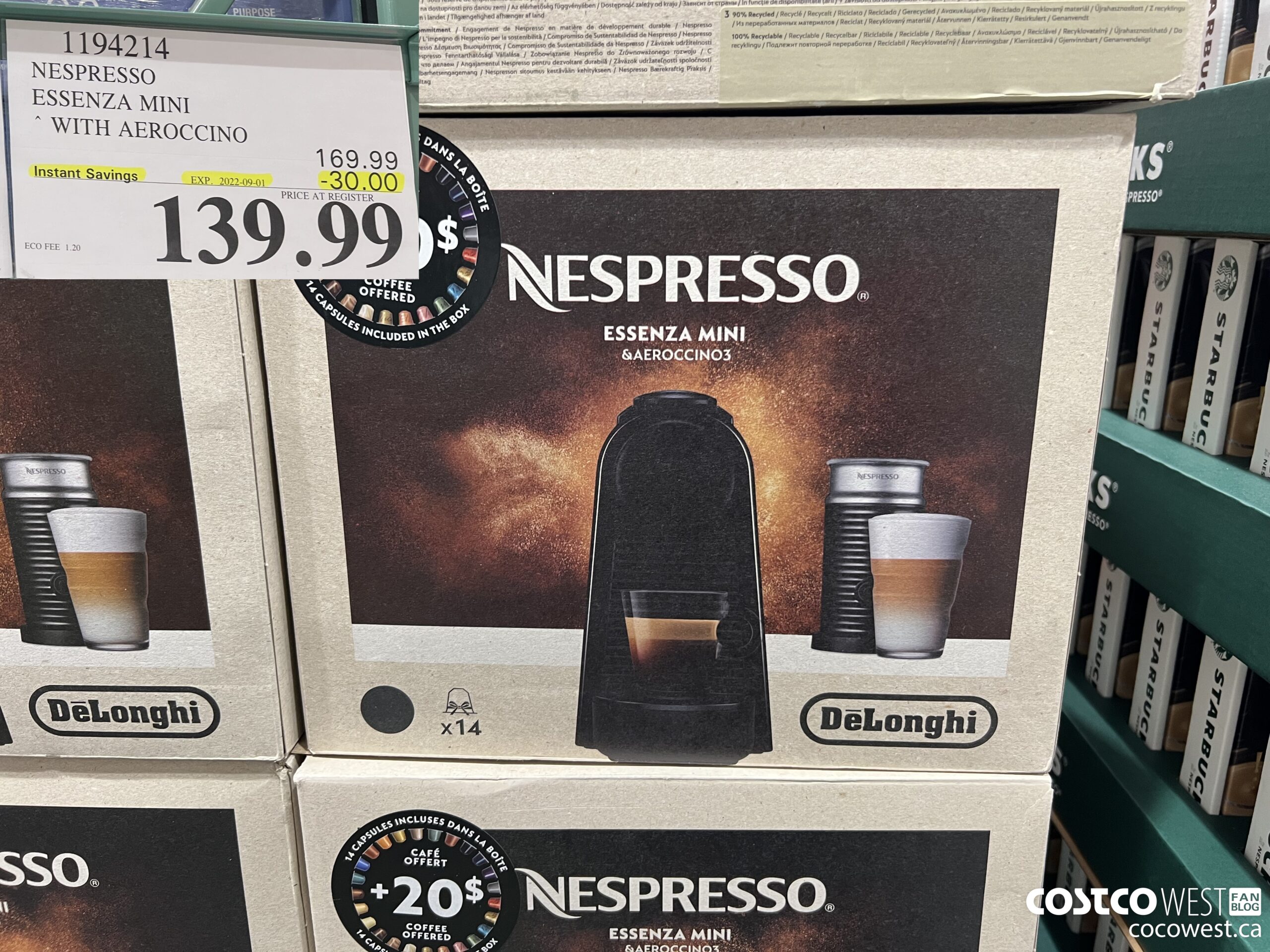 1194214 NESPRESSO ESSENZA MINI WITH AEROCCINO ($30.00 INSTANT SAVINGS EXPIRES ON 2022-09-01) $139.99