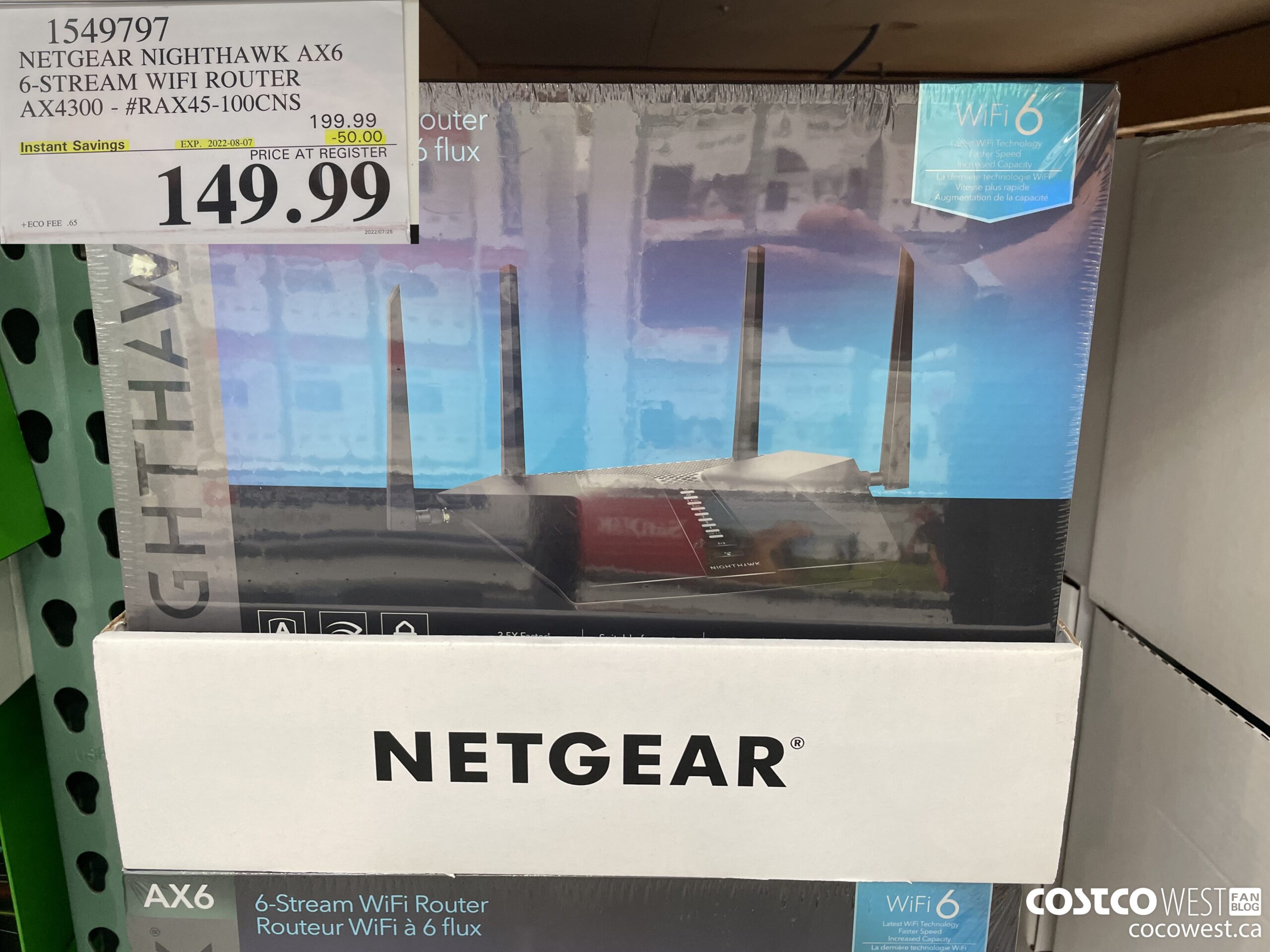 1549797 NETGEAR NIGHTHAWK AX6 6-STREAM WIFI ROUTER AX4300 - #RAX45-100CNS ($50.00 INSTANT SAVINGS EXPIRES ON 2022-08-07) $149.99