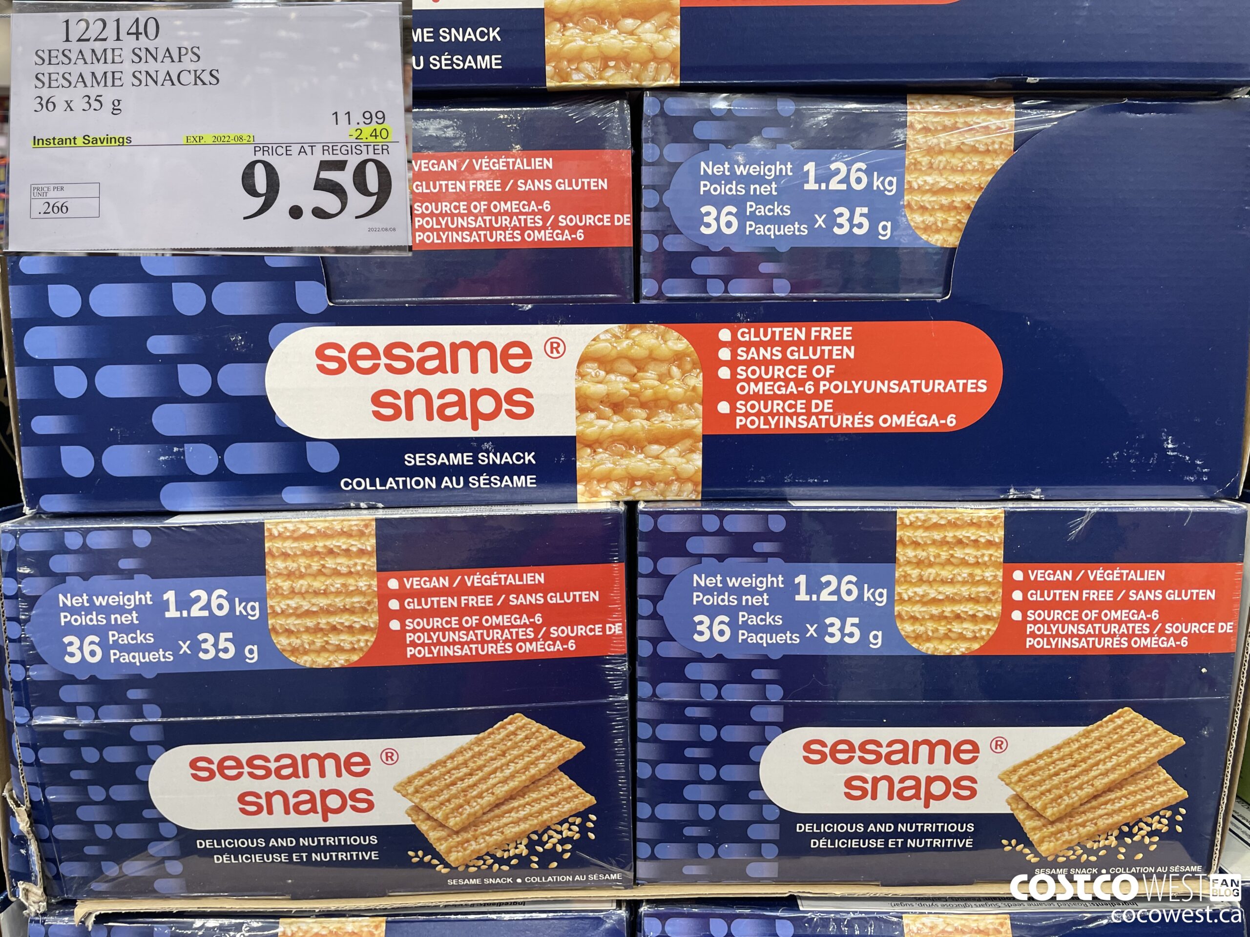 122140 SESAME SNAPS SESAME SNACKS 36 x 35 g ($2.40 INSTANT SAVINGS EXPIRES ON 2022-08-21) $9.59