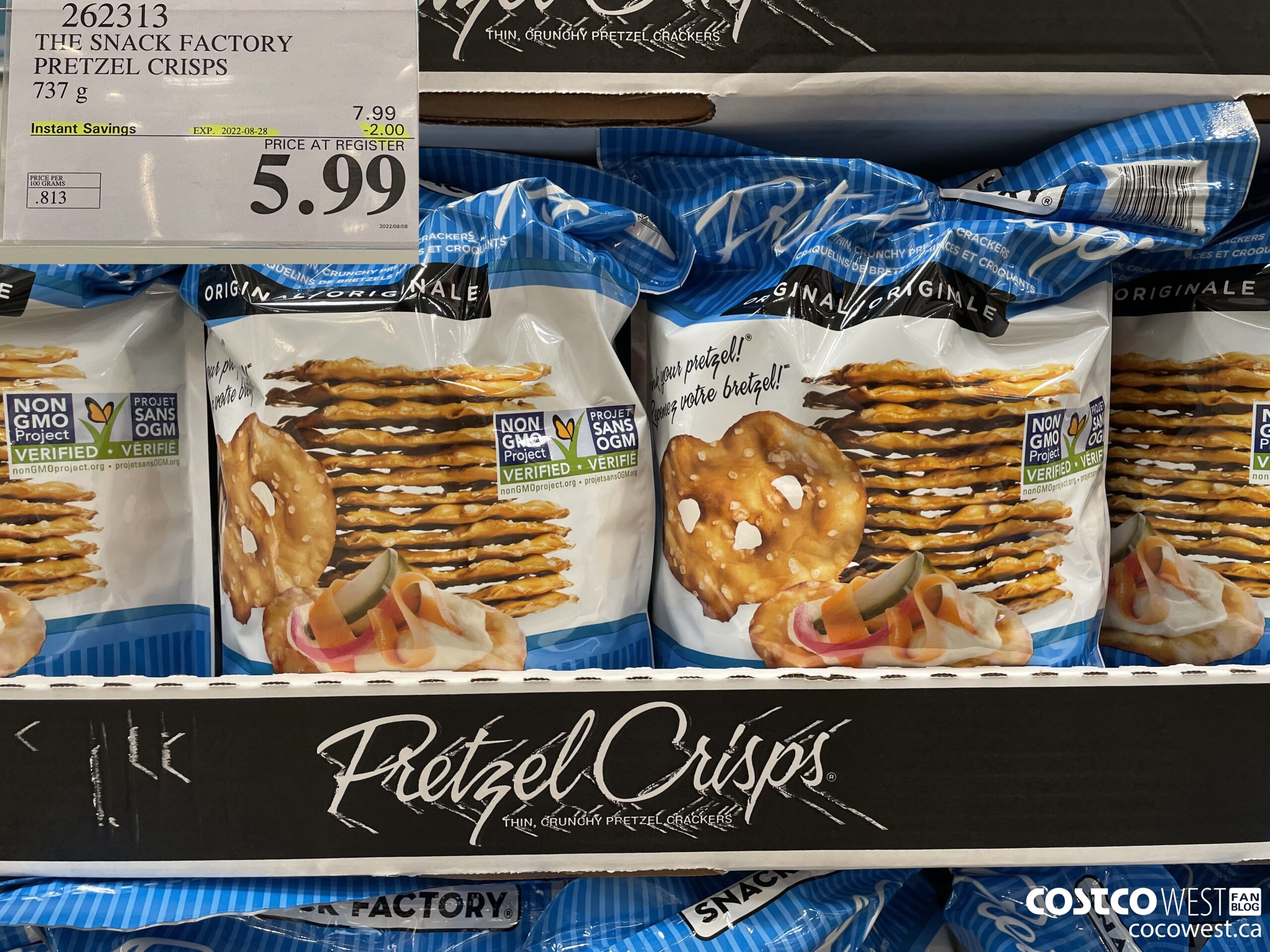 262313 THE SNACK FACTORY PRETZEL CRISPS 737 g ($2.00 INSTANT SAVINGS EXPIRES ON 2022-08-28) $5.99