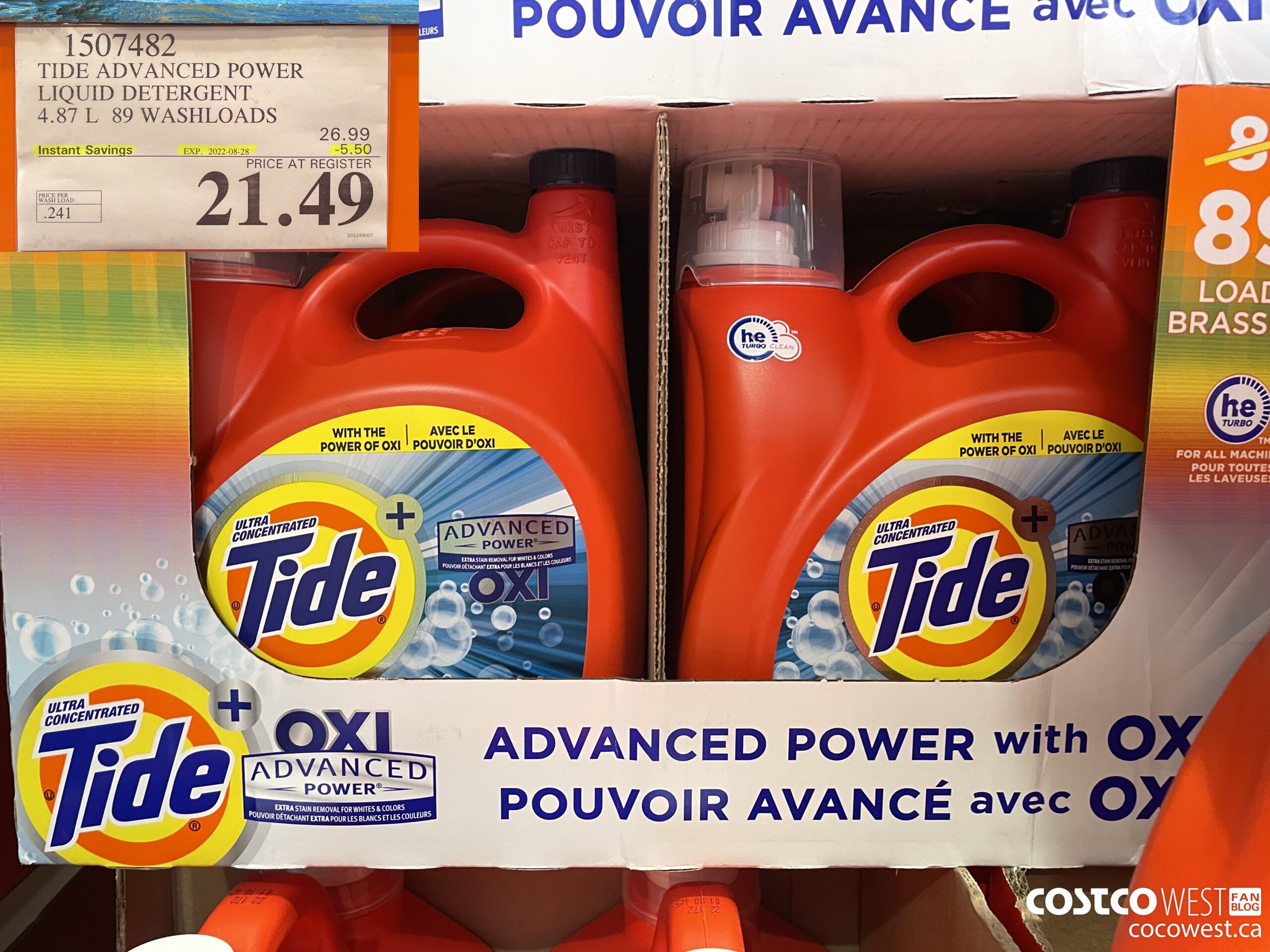 1507482 TIDE ADVANCED POWER LIQUID DETERGENT 4.87 L 89 WASHLOADS ($5.50 INSTANT SAVINGS EXPIRES ON 2022-08-28) $21.49