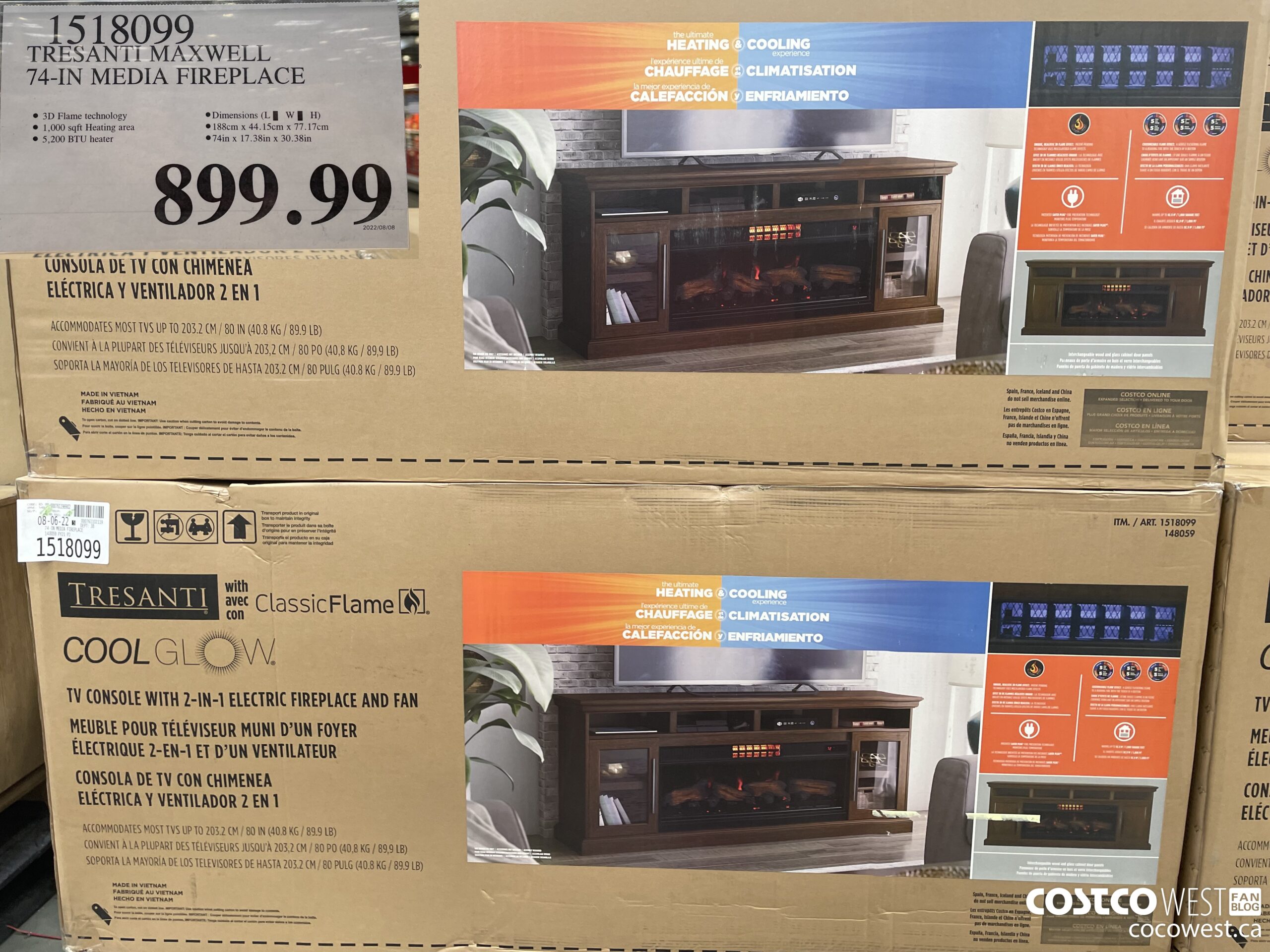 1518099 TRESANTI MAXWELL 74-IN MEDIA FIREPLACE $899.99