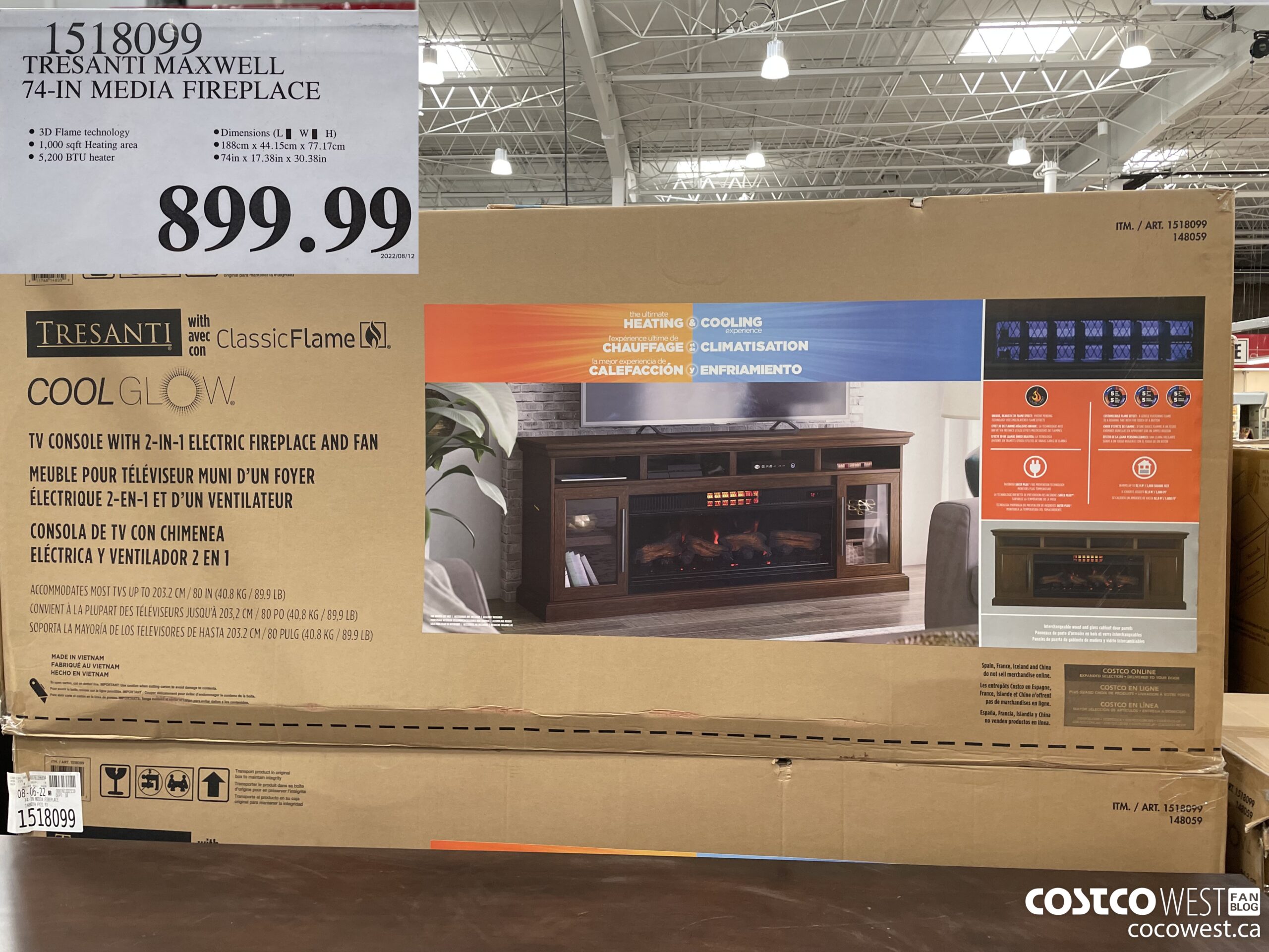 1518099 TRESANTI MAXWELL 74-IN MEDIA FIREPLACE $899.99