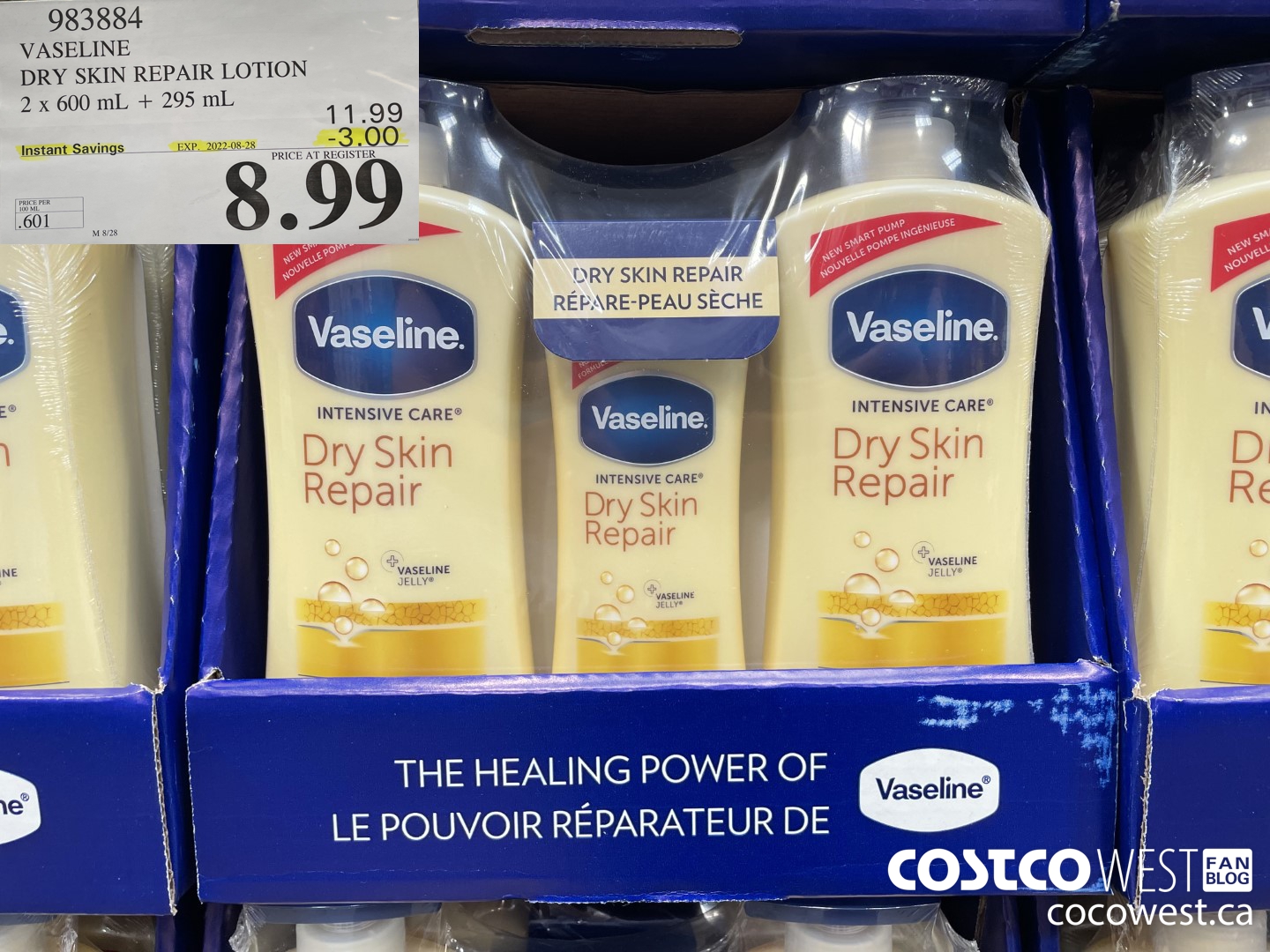 983884 VASELINE DRY SKIN REPAIR LOTION 2 x 600 mL + 295 mL ($3.00 INSTANT SAVINGS EXPIRES ON 2022-08-28) $8.99