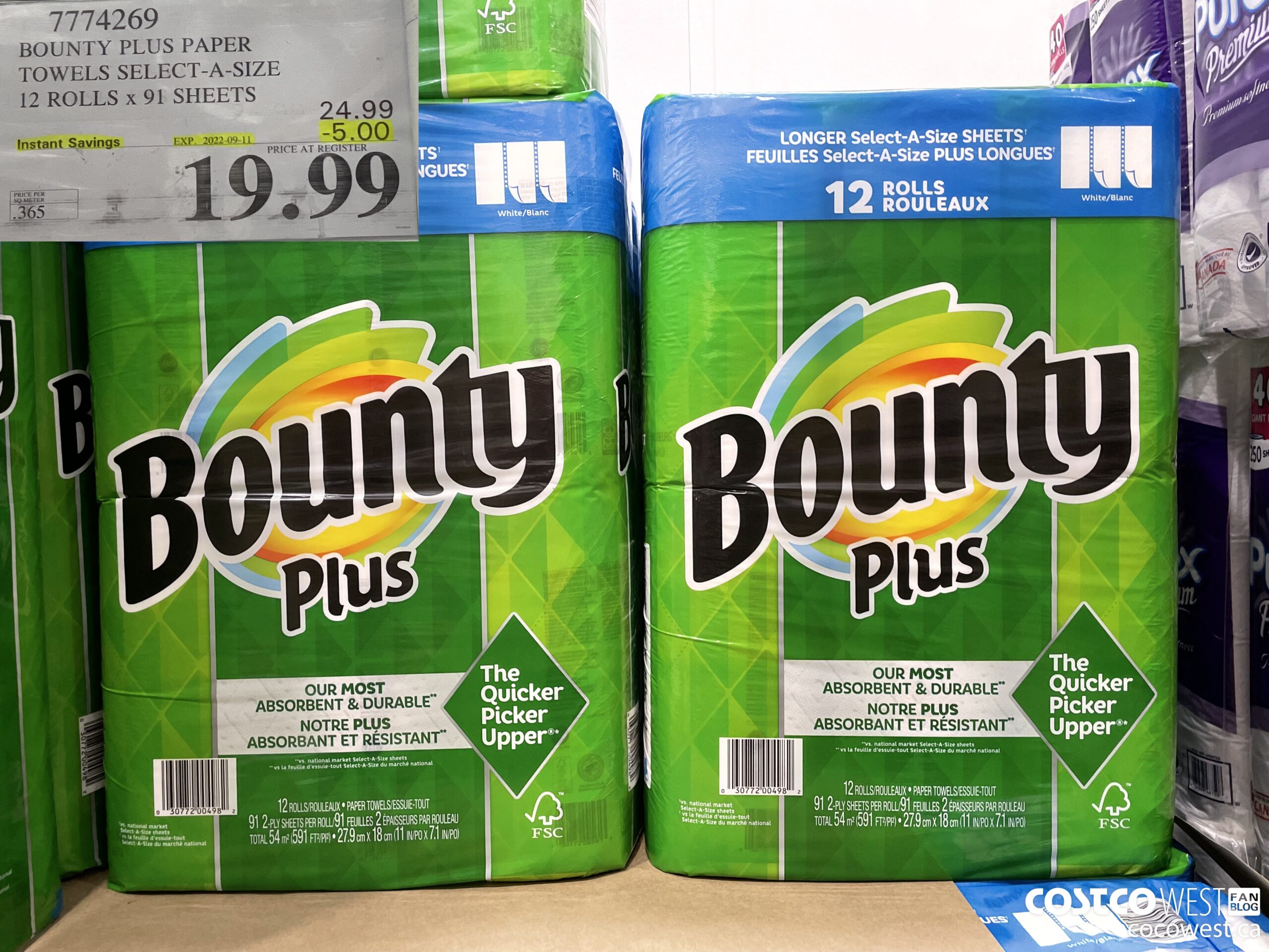 7774269 BOUNTY PLUS PAPER TOWELS SELECT-A-SIZE 12 ROLLS x 91 SHEETS ($5.00 INSTANT SAVINGS EXPIRES ON 2022-09-11) $19.99