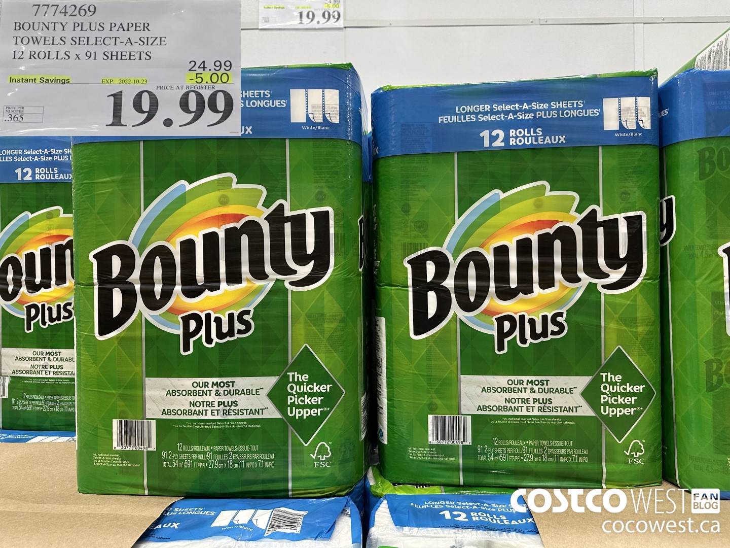 7774269 BOUNTY PLUS PAPER TOWELS SELECT-A-SIZE 12 ROLLS x 91 SHEETS ($5.00 INSTANT SAVINGS EXPIRES ON 2022-10-23) $19.99