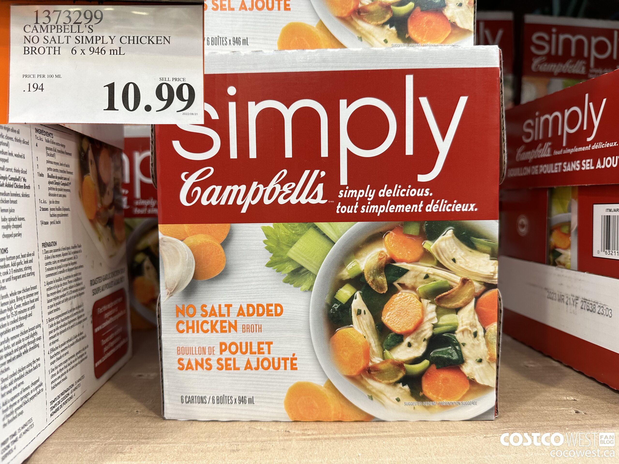 1373299 CAMPBELL'S NO SALT SIMPLY CHICKEN BROTH 6 x 946 mL $10.99