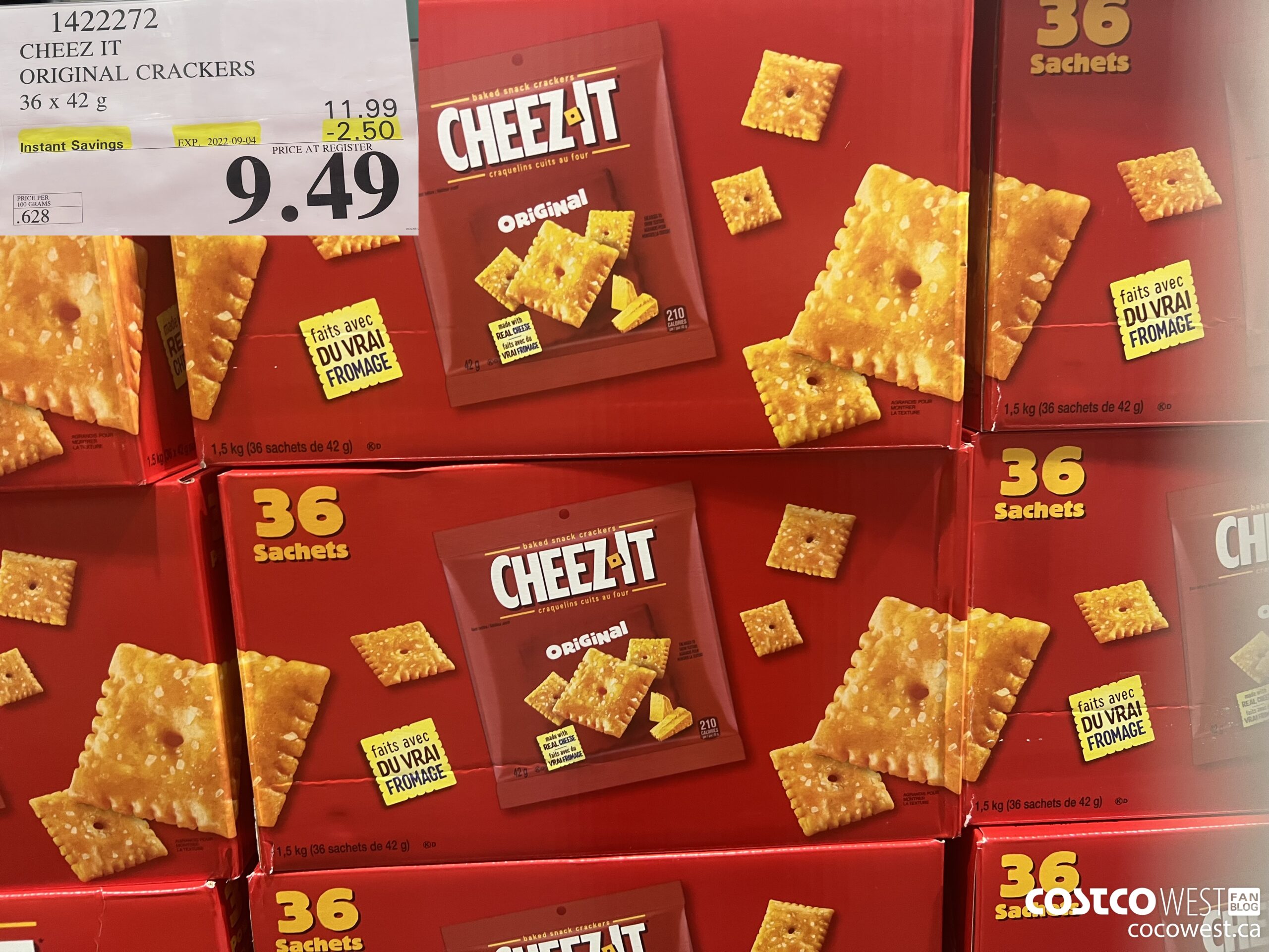 1422272 CHEEZ IT ORIGINAL CRACKERS 36 X 42 G ($2.50 INSTANT SAVINGS EXPIRES ON 2022-09-04) $9.49