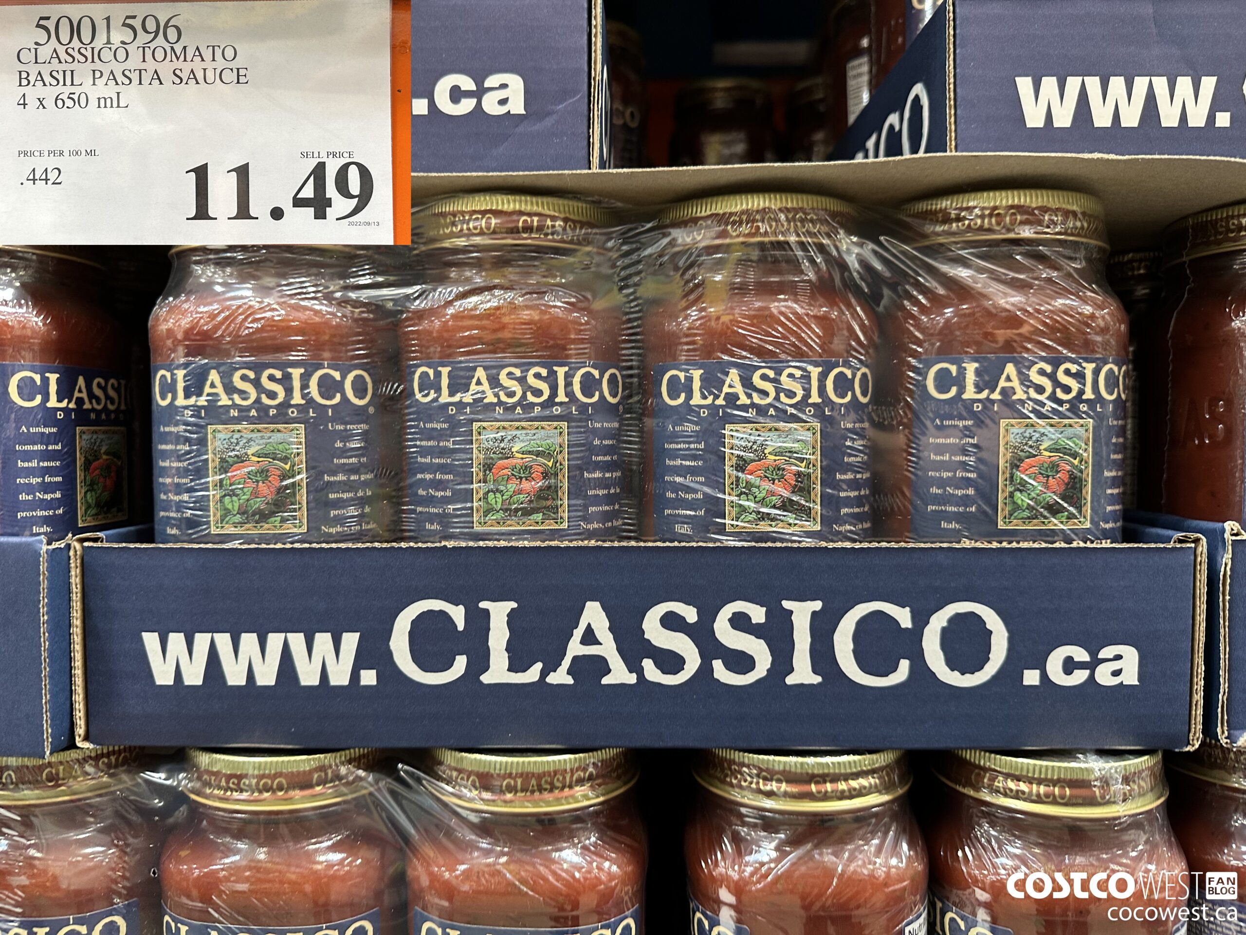 5001596 CLASSICO TOMATO BASIL PASTA SAUCE 4 x 650 mL  $11.49