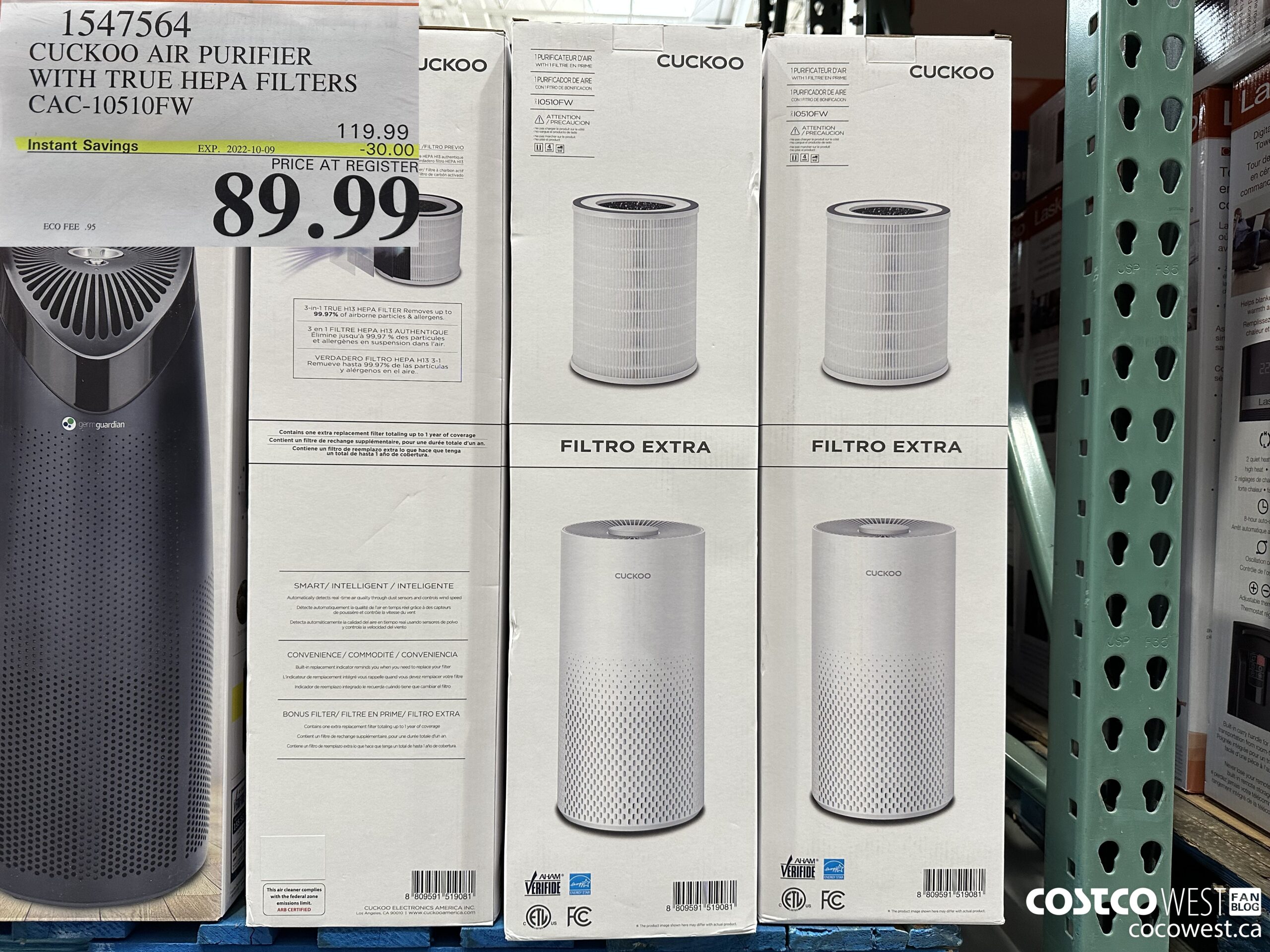 1547564 CUCKOO AIR PURIFIER WITH TRUE HEPA FILTERS CAC-10510FW  ($30.00 INSTANT SAVINGS EXPIRES ON 2022-10-09) $89.99