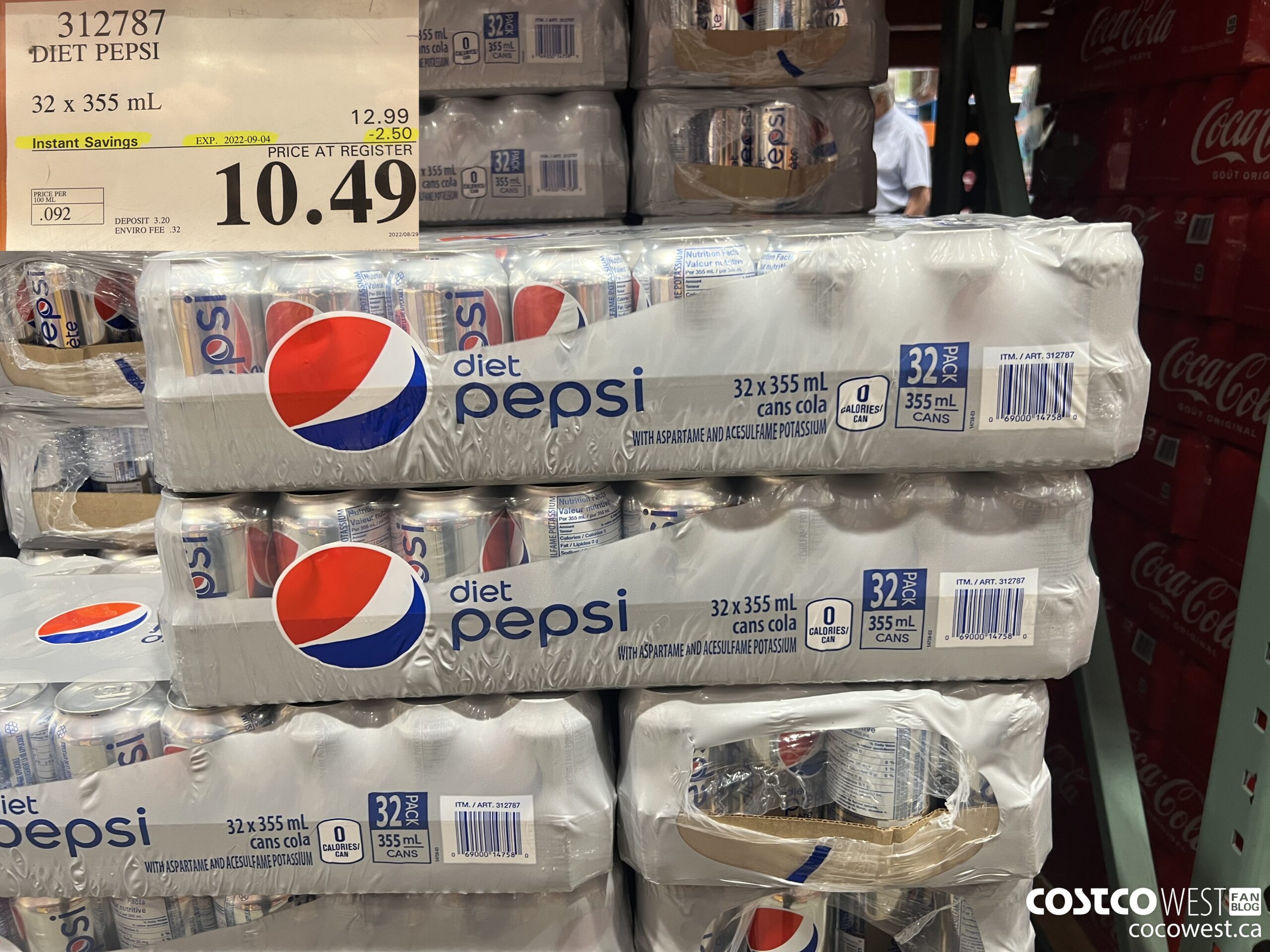 312787 DIET PEPSI 32 x 355 ml ($2.50 INSTANT SAVINGS EXPIRES ON 2022-09-04) $10.49
