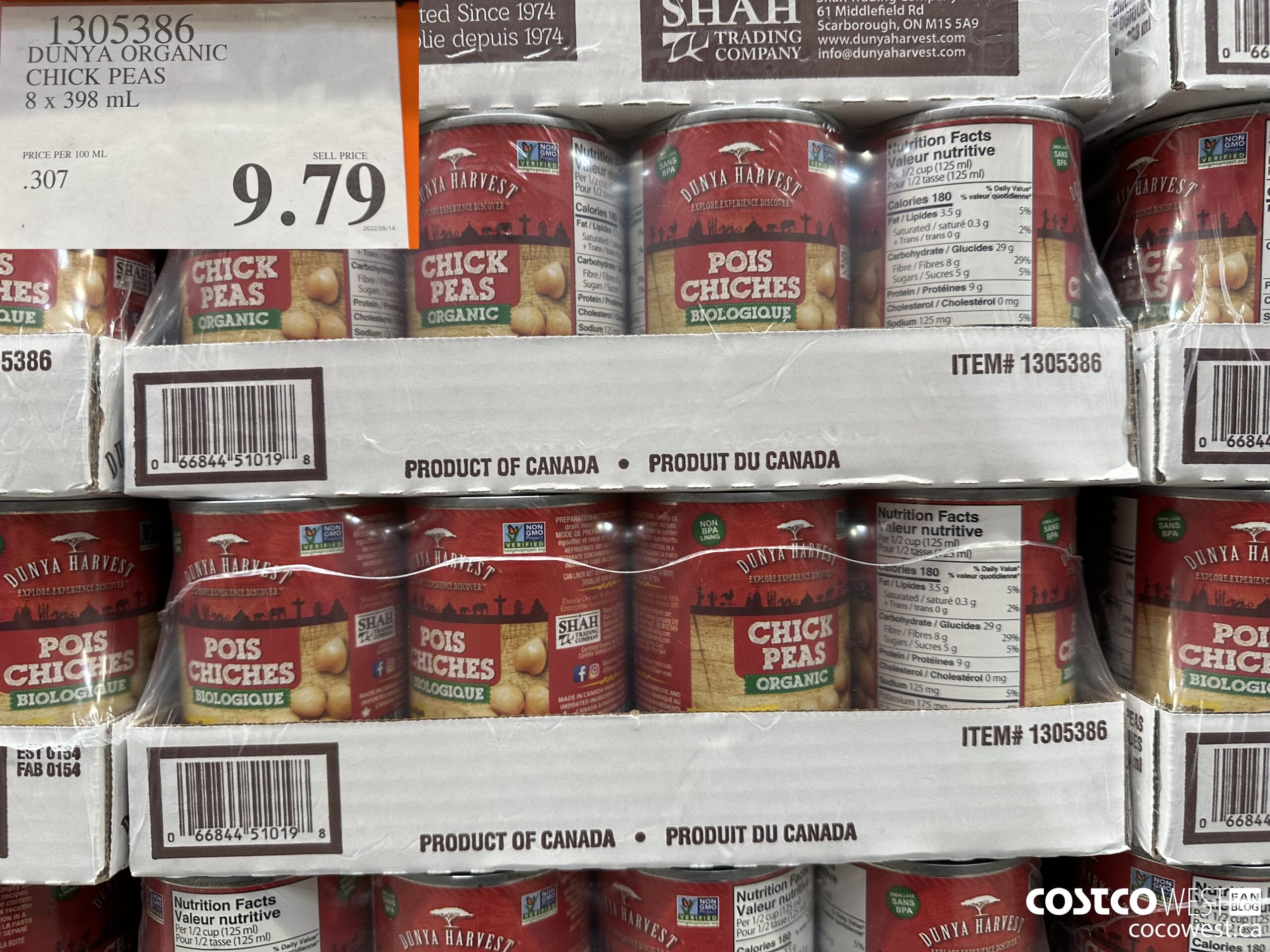 1305386 DUNYA ORGANIC CHICK PEAS 8 X 398 ML $9.79