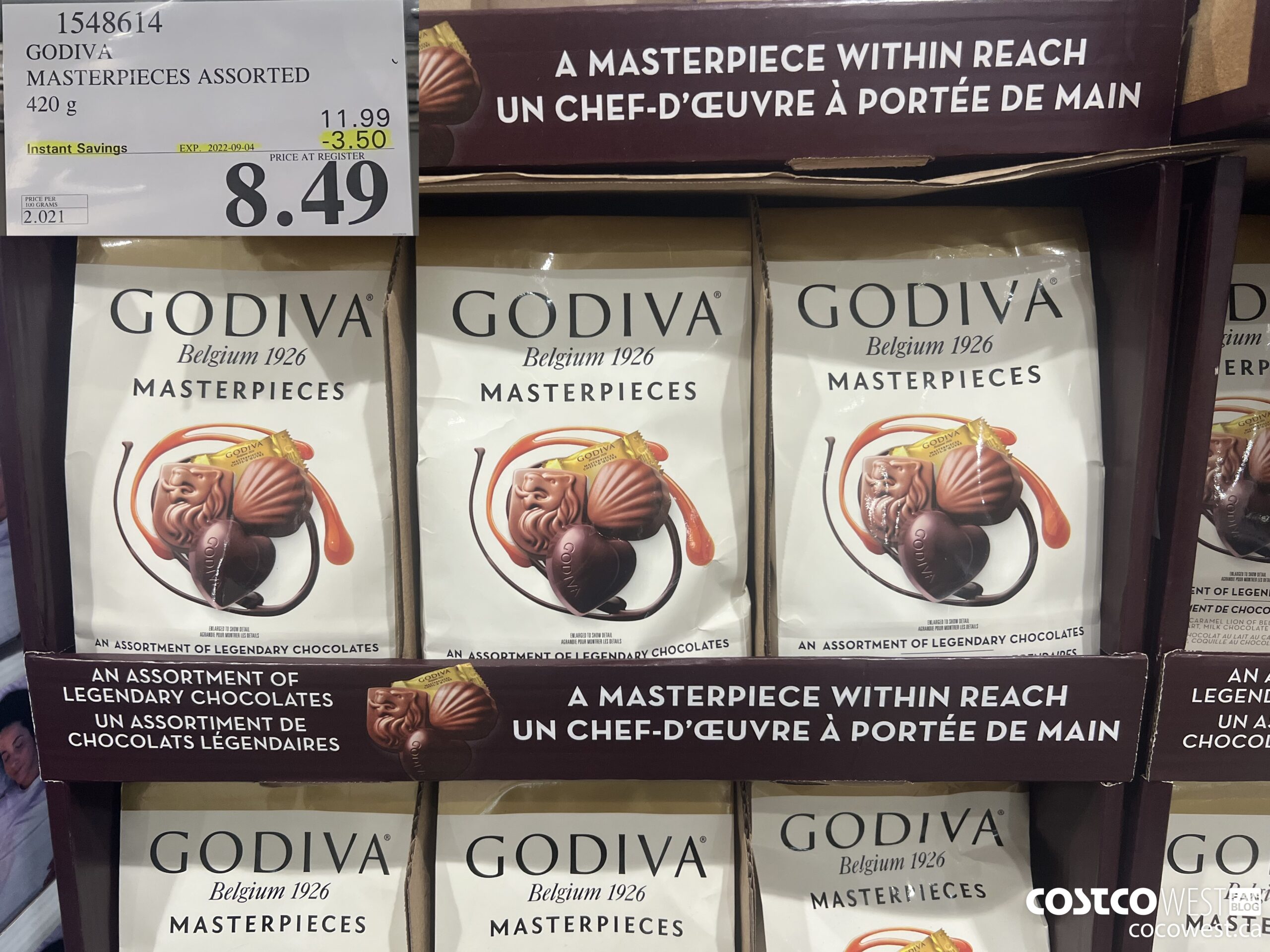 1548614 GODIVA MASTERPIECES ASSORTED 415 g ($3.50 INSTANT SAVINGS EXPIRES ON 2022-09-04) $8.49
