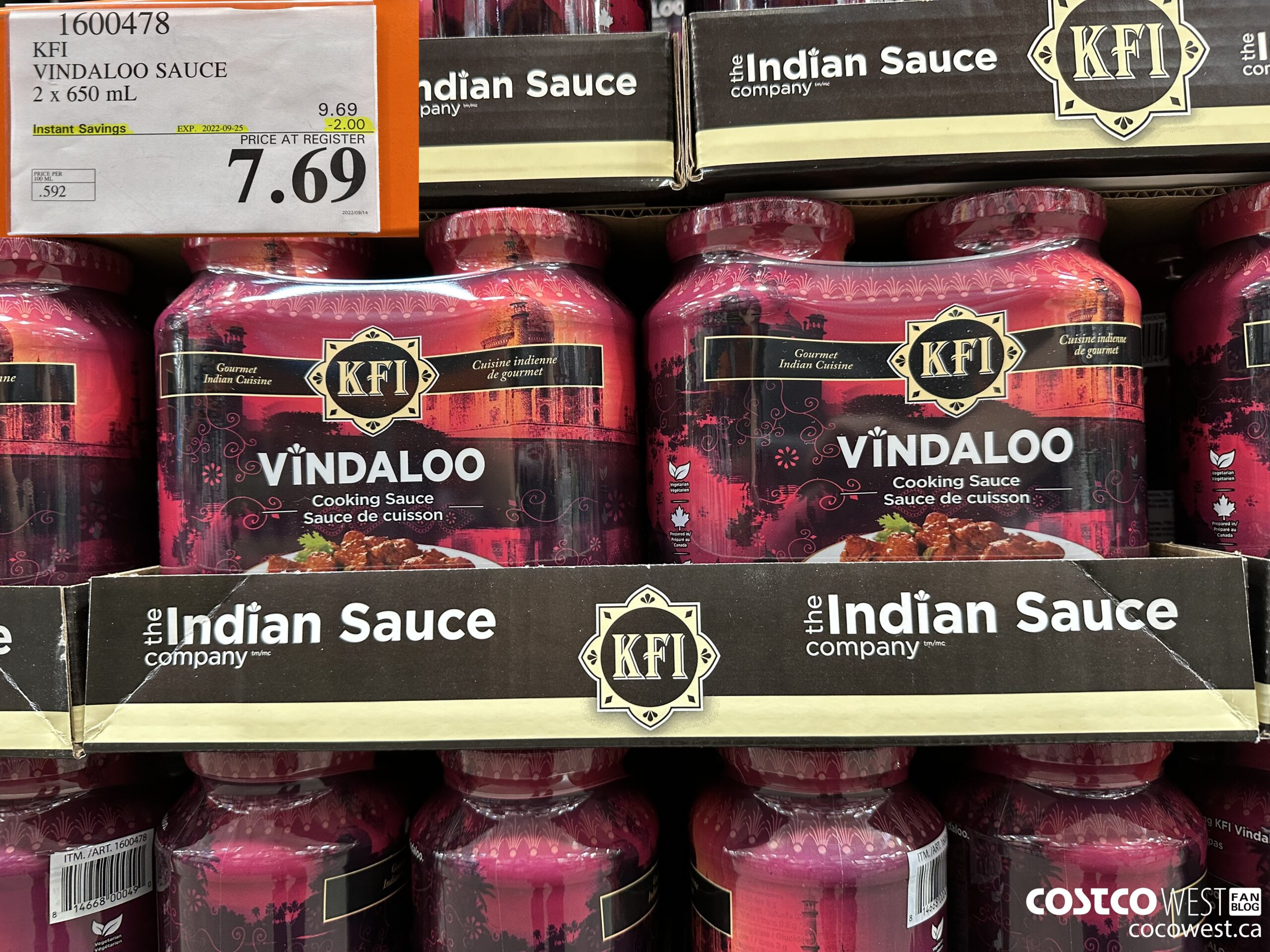 1600478 KFI VINDALOO SAUCE 2 x 650 mL  ($2.00 INSTANT SAVINGS EXPIRES ON 2022-09-25) $7.69
