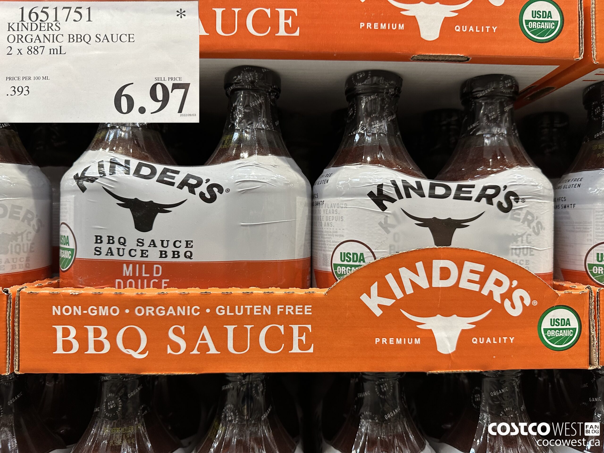 1651751 KINDERS ORGANIC BBQ SAUCE 2 X 887 ML $6.97
