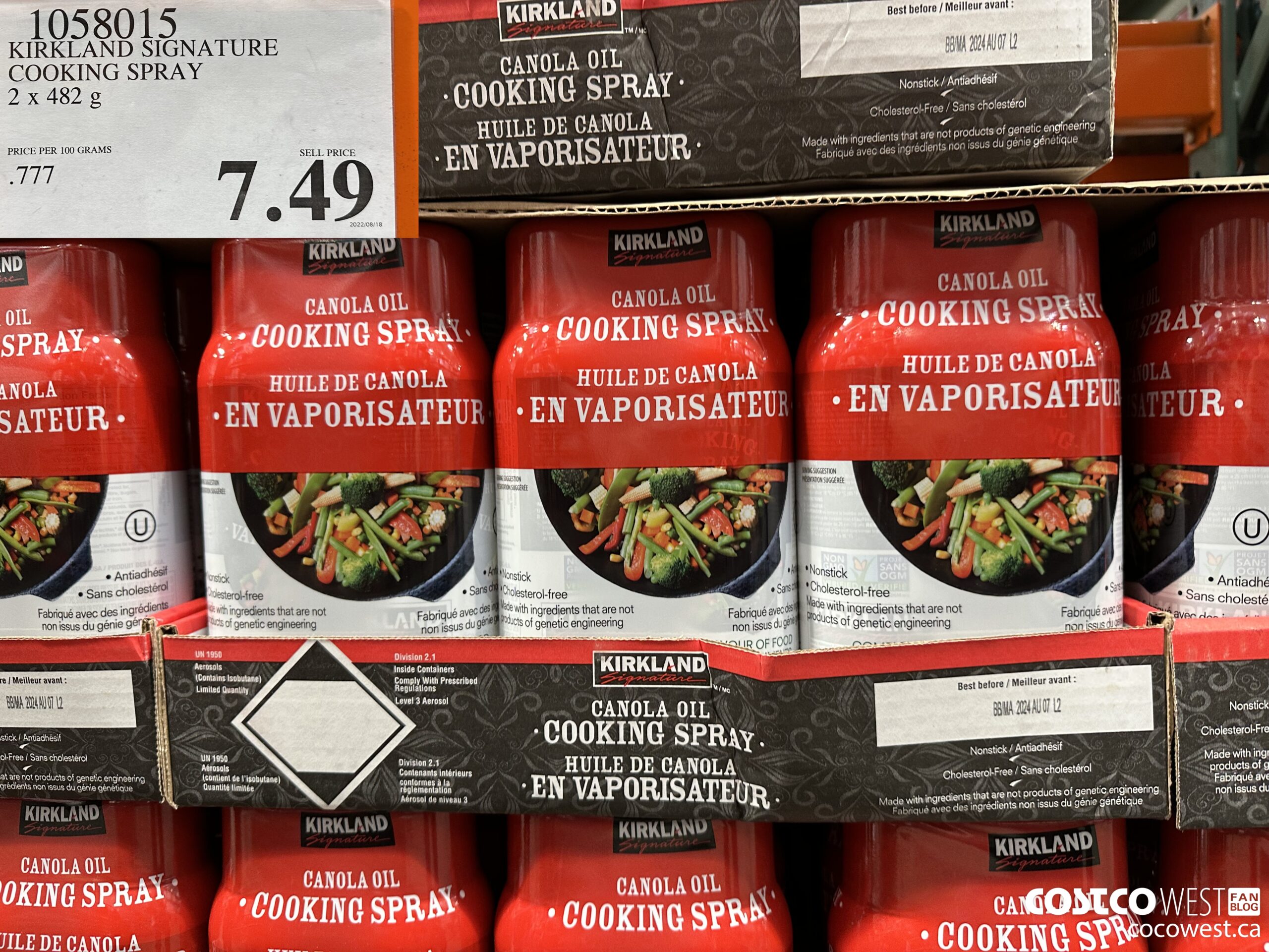 1058015 KIRKLAND SIGNATURE COOKING SPRAY 2 X 482 G $7.49