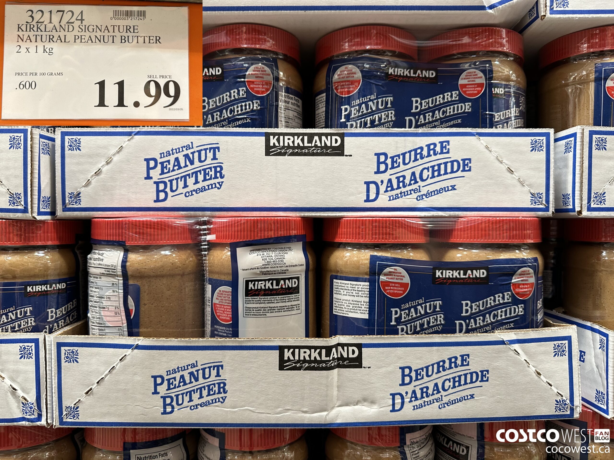 321724 KIRKLAND SIGNATURE NATURAL PEANUT BUTTER 2 x 1 kg $11.99