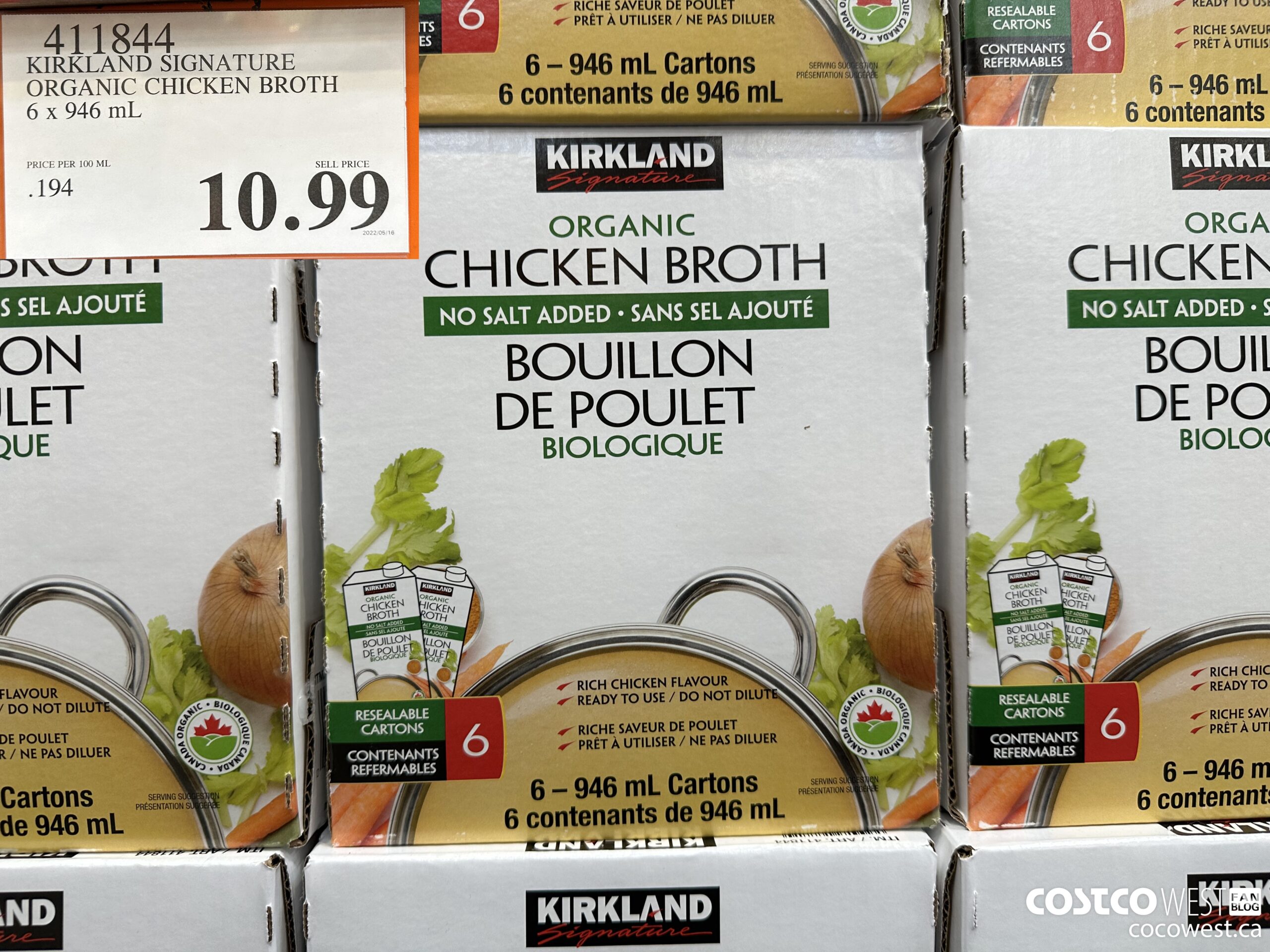 411844 KIRKLAND SIGNATURE ORGANIC CHICKEN BROTH 6 x 946 mL $10.99