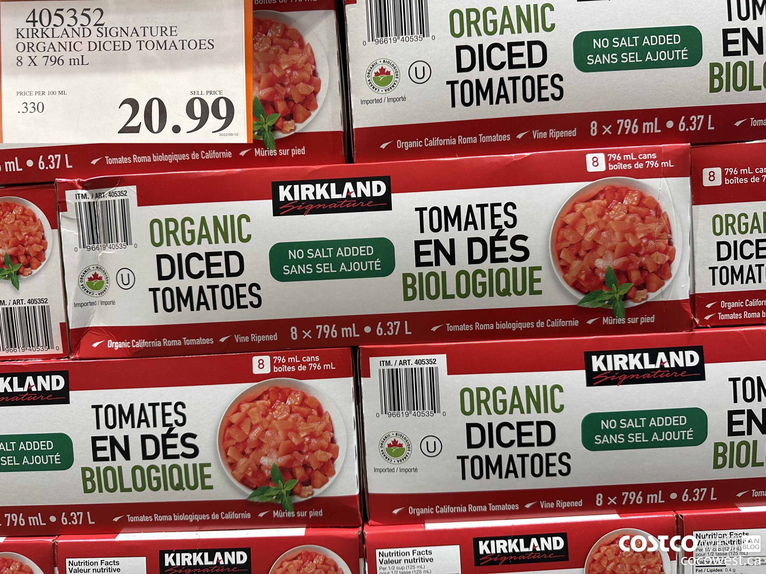 405352 KIRKLAND SIGNATURE ORGANIC DICED TOMATOES 8 X 796 mL $20.99