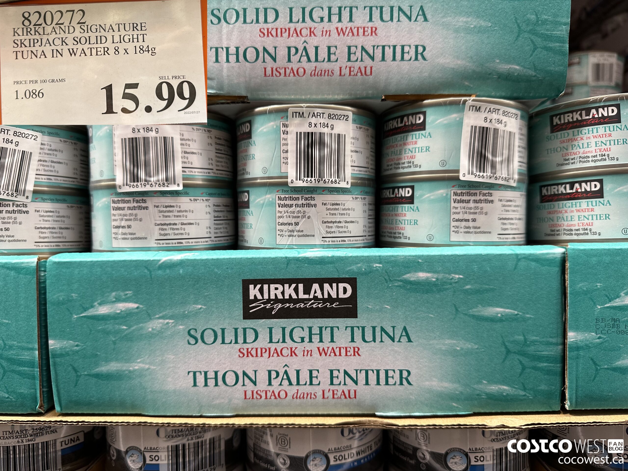 820272 KIRKLAND SIGNATURE SKIPJACK SOLID LIGHT TUNA IN WATER 8 x 184g $15.99