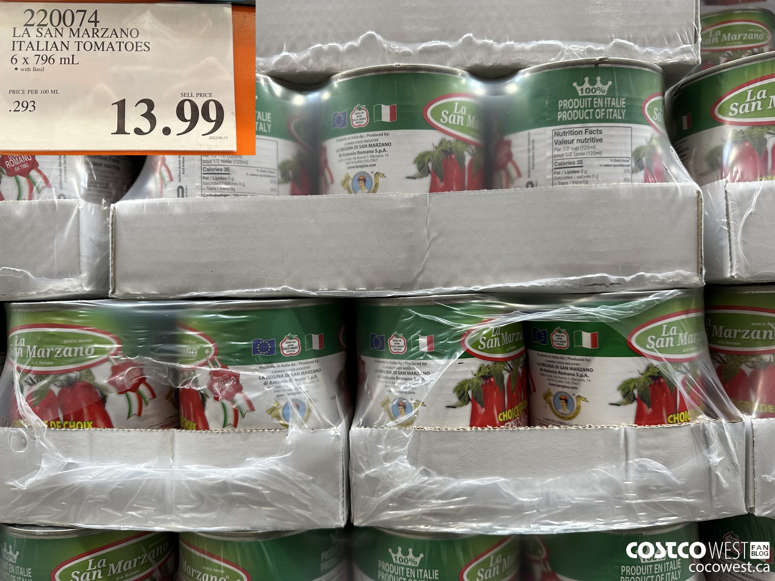 220074 LA SAN MARZANO ITALIAN TOMATOES 6 x 796 mL $13.99