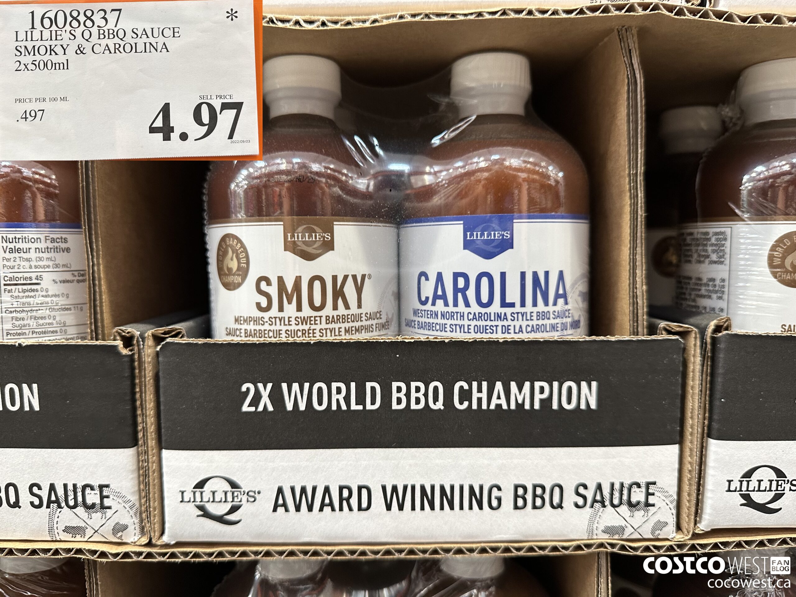 1608837 LILLIE'S Q BBQ SAUCE SMOKY & CAROLINA 2x500ml $4.97