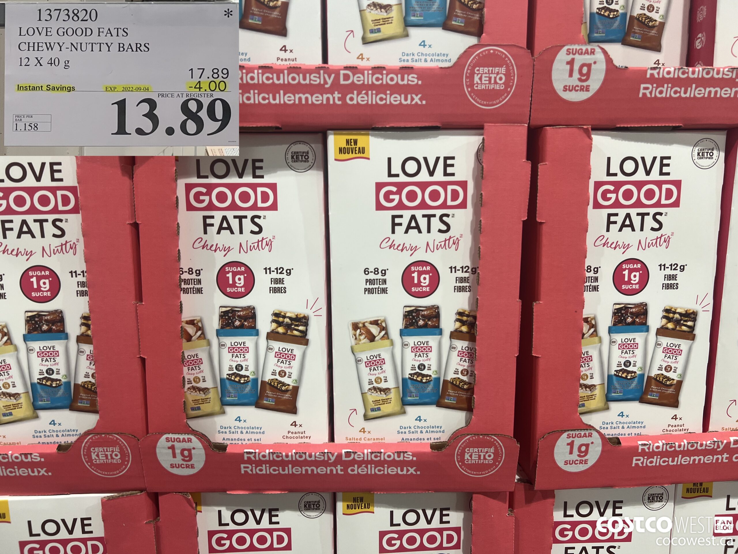 1373820 LOVE GOOD FATS CHEWY-NUTTY BARS 12 X 40G ($4.00 INSTANT SAVINGS EXPIRES ON 2022-09-04) $13.89