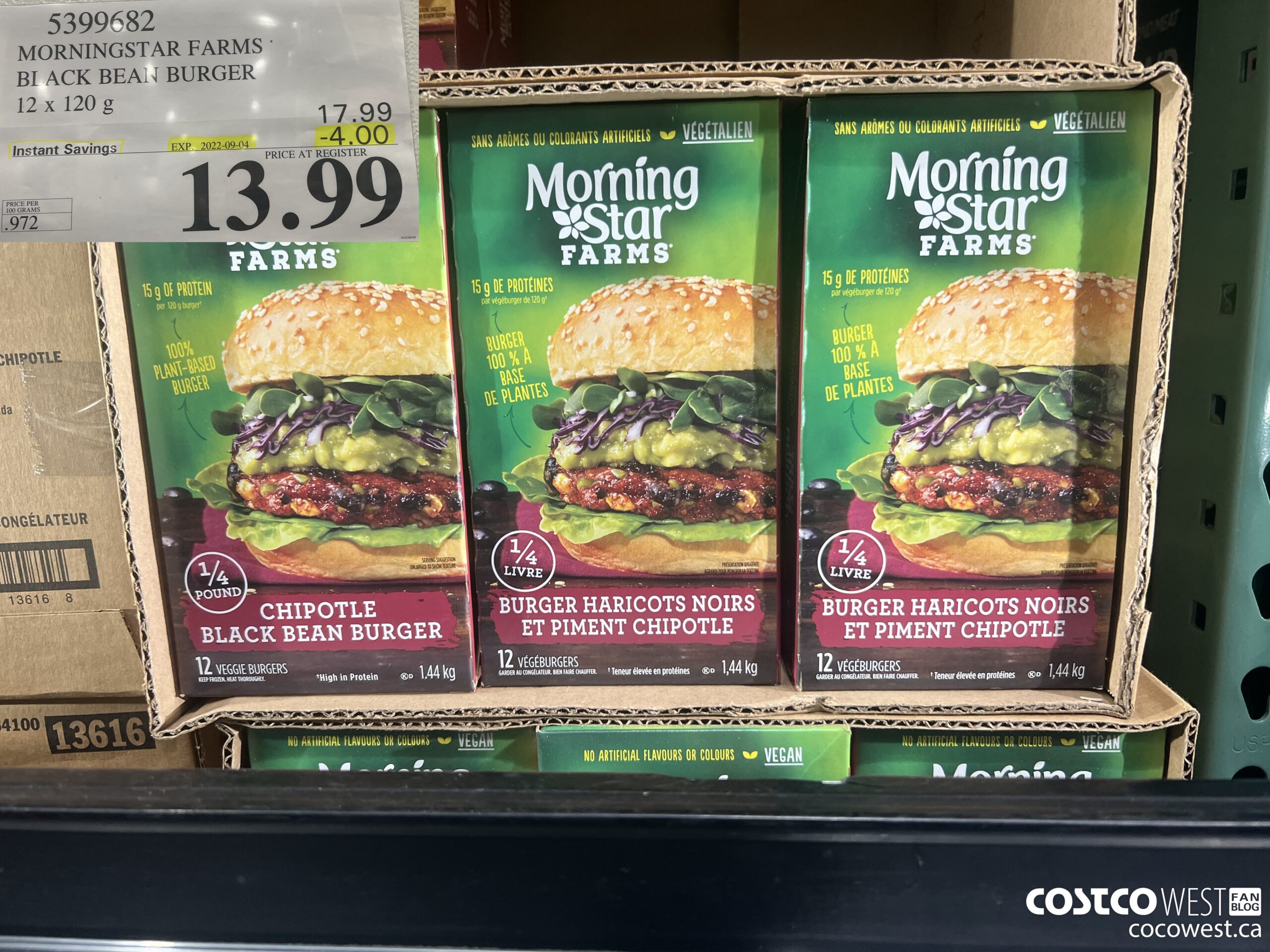 5399682 MORNINGSTAR FARMS BLACK BEAN BURGER 12 x 120g ($4.00 INSTANT SAVINGS EXPIRES ON 2022-09-04) $13.99