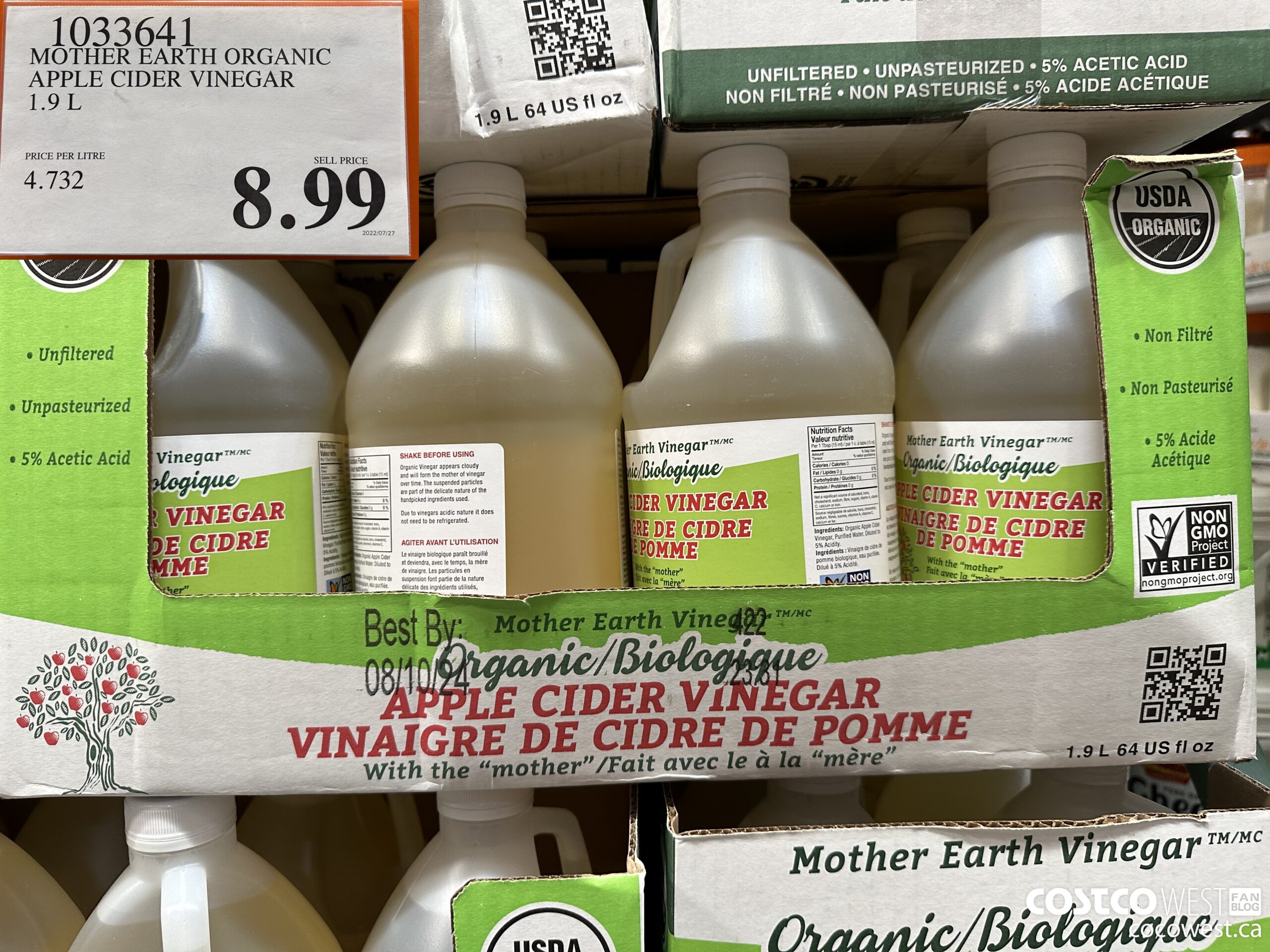 1033641 MOTHER EARTH ORGANIC APPLE CIDER VINEGAR 1.9L $8.99