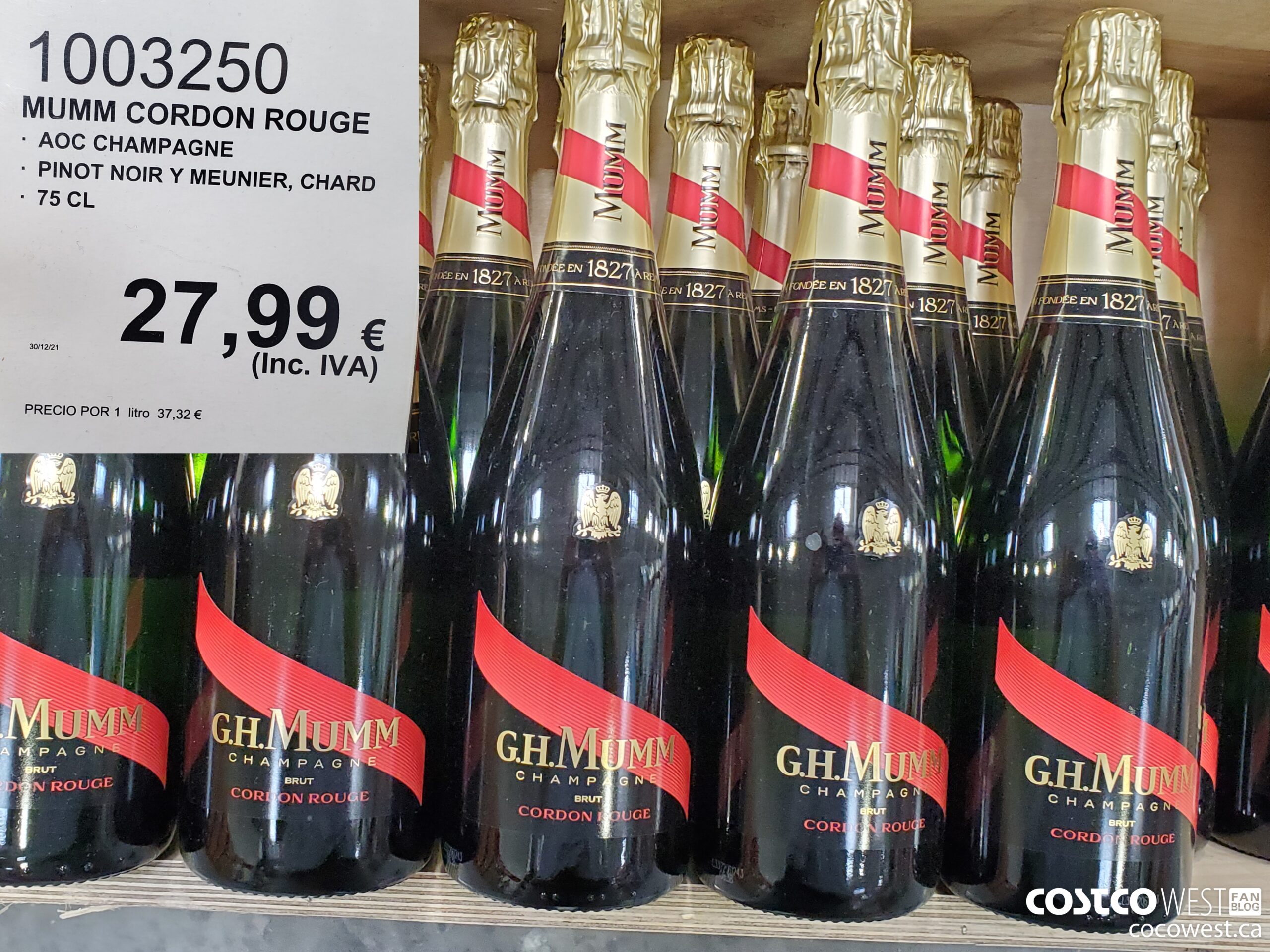 1003250 MUMM CORDON ROUGE AOC CHAMPAGNE PINOT NOIR Y NEUNIER, CHARD 75 CL $27.99