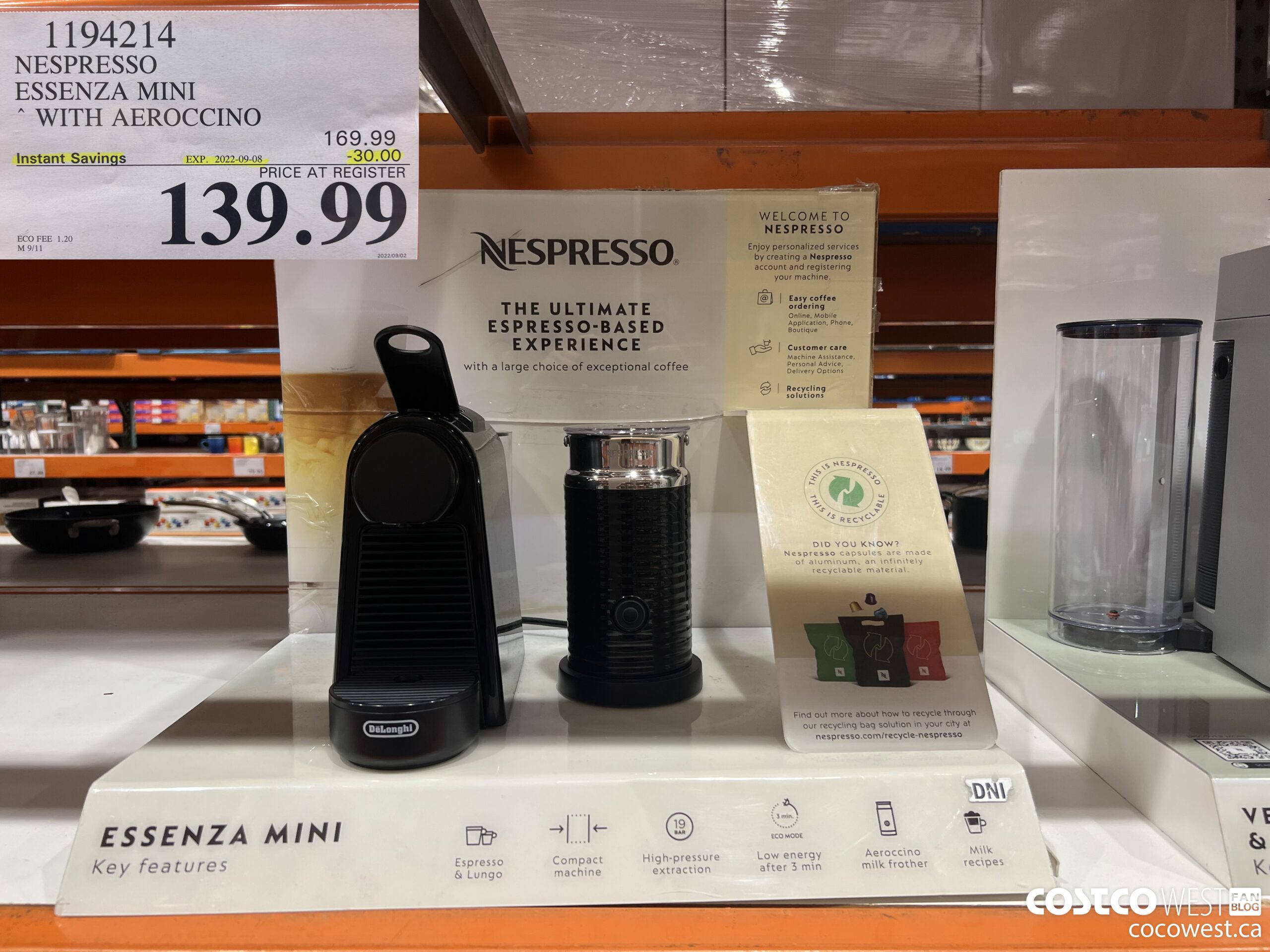 1194214 NESPRESSO ESSENZA MINI WITH AEROCCINO ($30.00 INSTANT SAVINGS EXPIRES ON 2022-09-08) $139.99