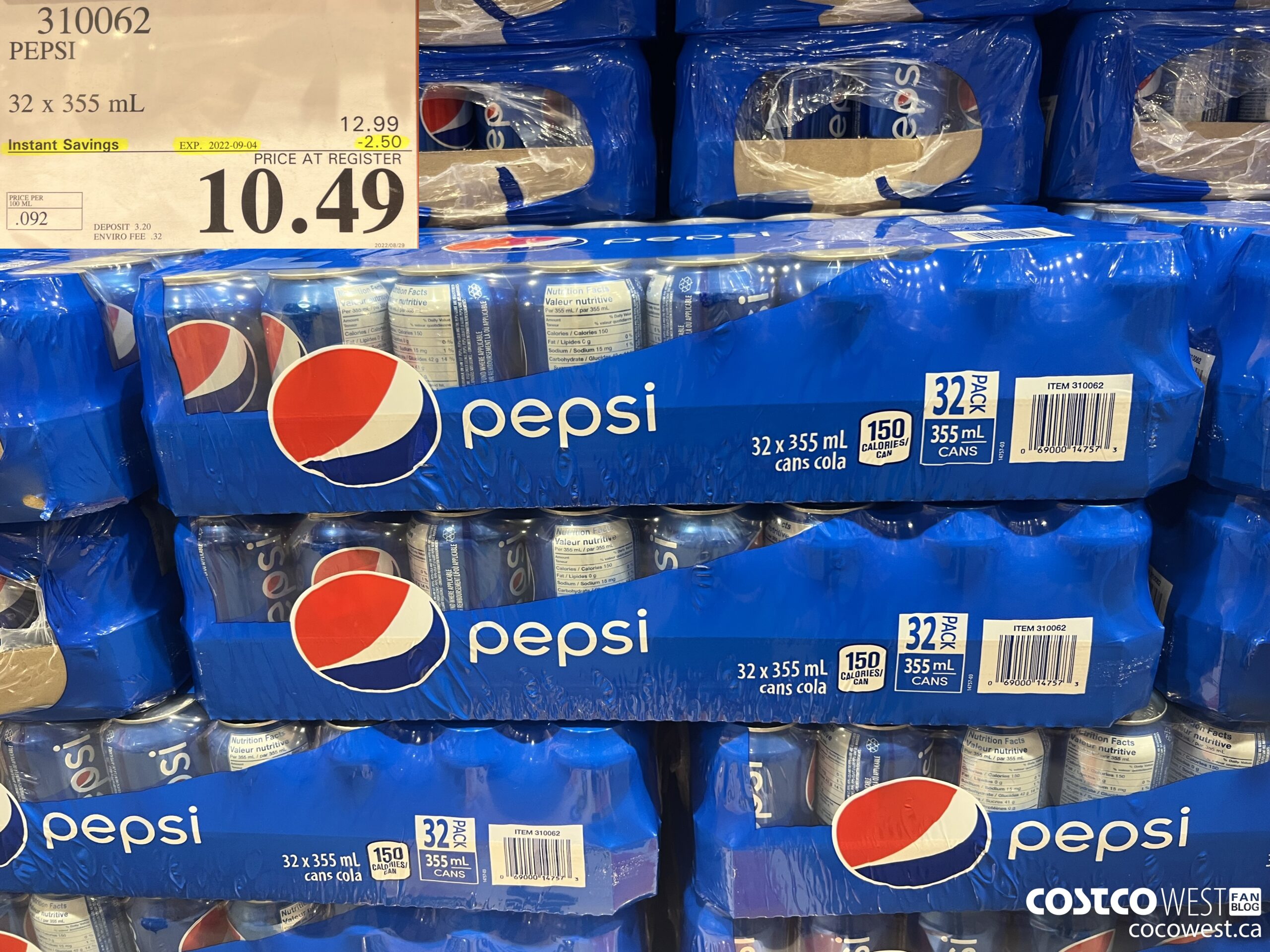 310062 PEPSI 32 X 355 ML ($2.50 INSTANT SAVINGS EXPIRES ON 2022-09-04) $10.49