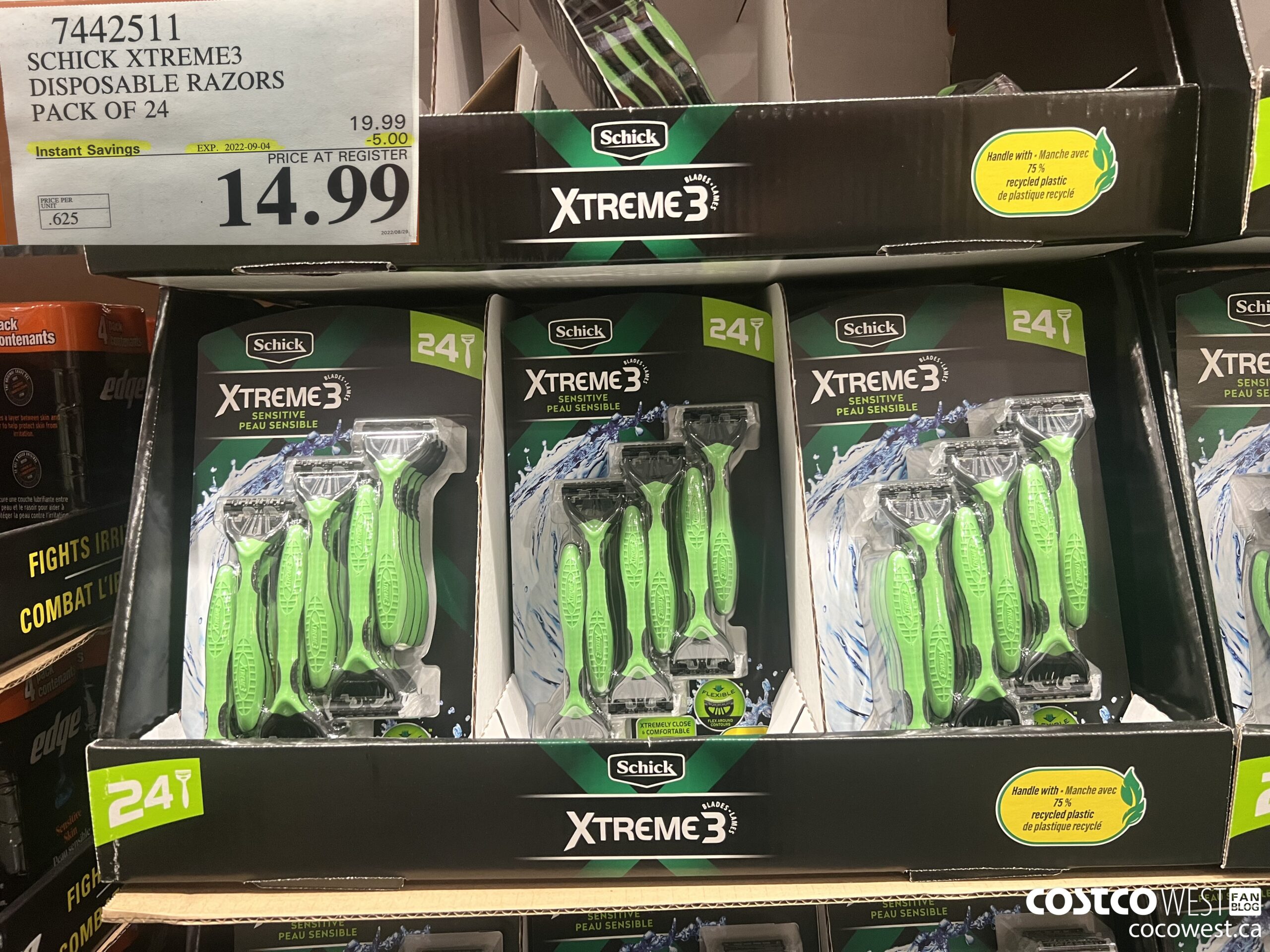 7442511 SCHICK XTREME3 DISPOSABLE RAZORS PACK OF 24 ($5.00 INSTANT SAVINGS EXPIRES ON 2022-09-04) $14.99