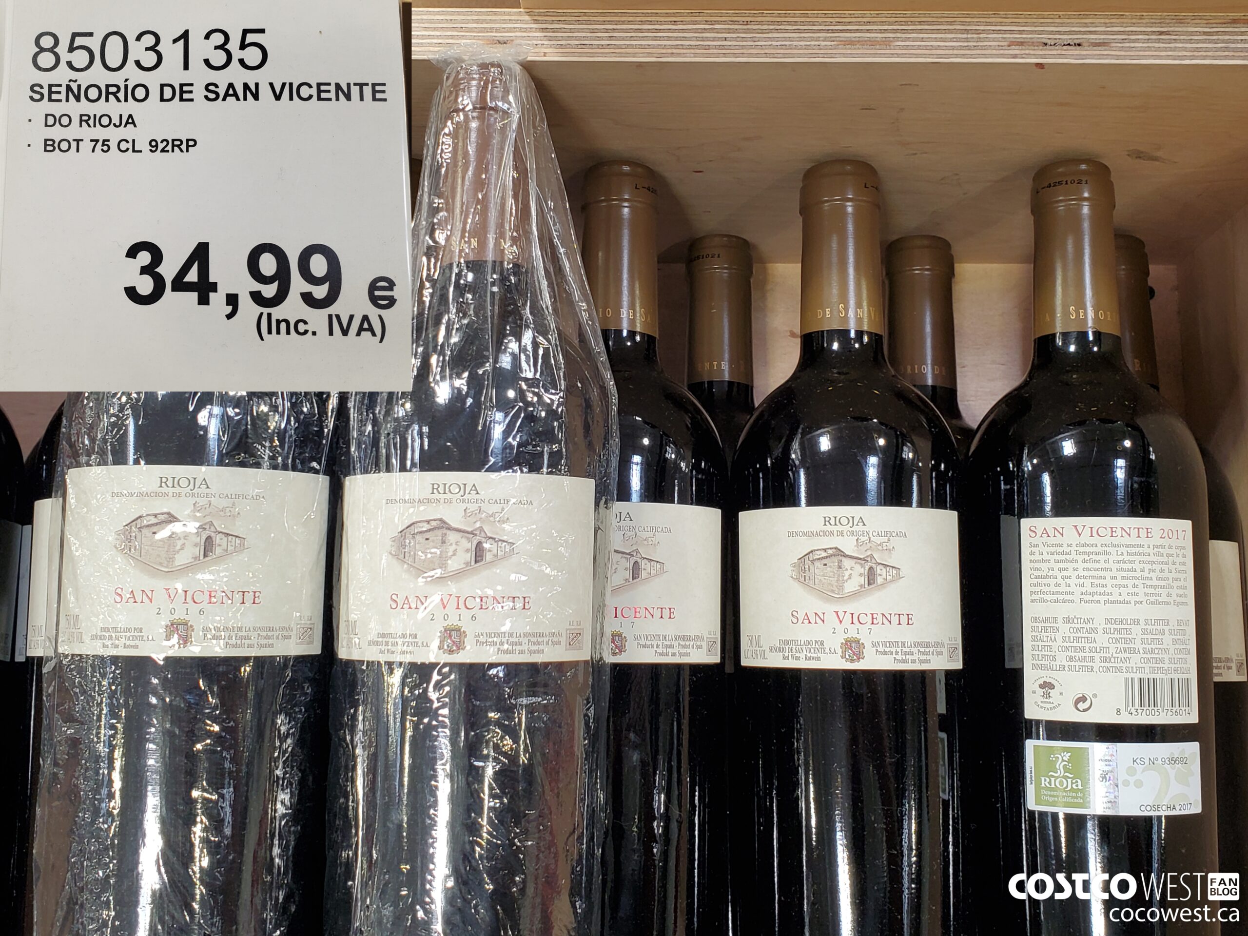 8503135 SENORIO DE SAN VICENTE DO RIOJA BOT 75 CL 92 RP $34.99