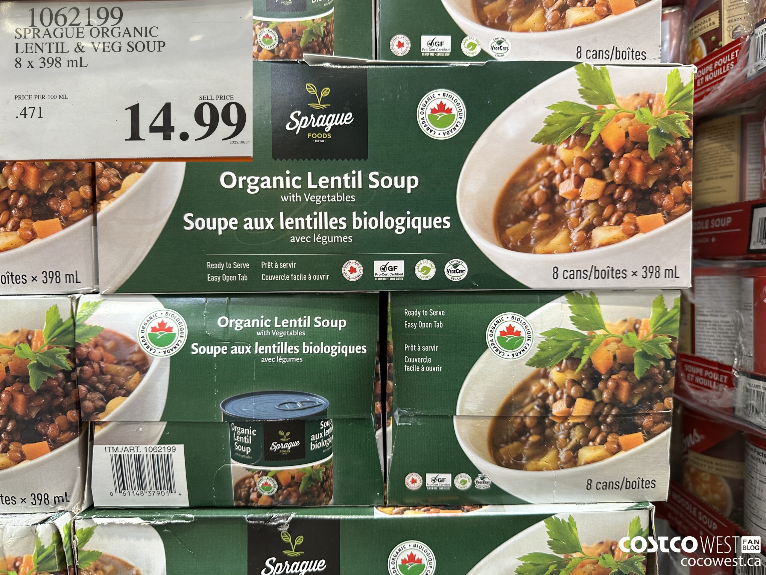 1062199 SPRAGUE ORGANIC LENTIL & VEG SOUP 8 X 398 ML $14.99