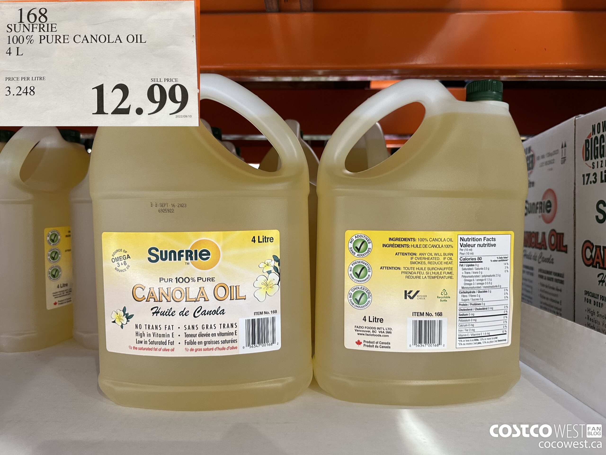 168 SUNFRIE 100% PURE CANOLA OIL 4L $12.99