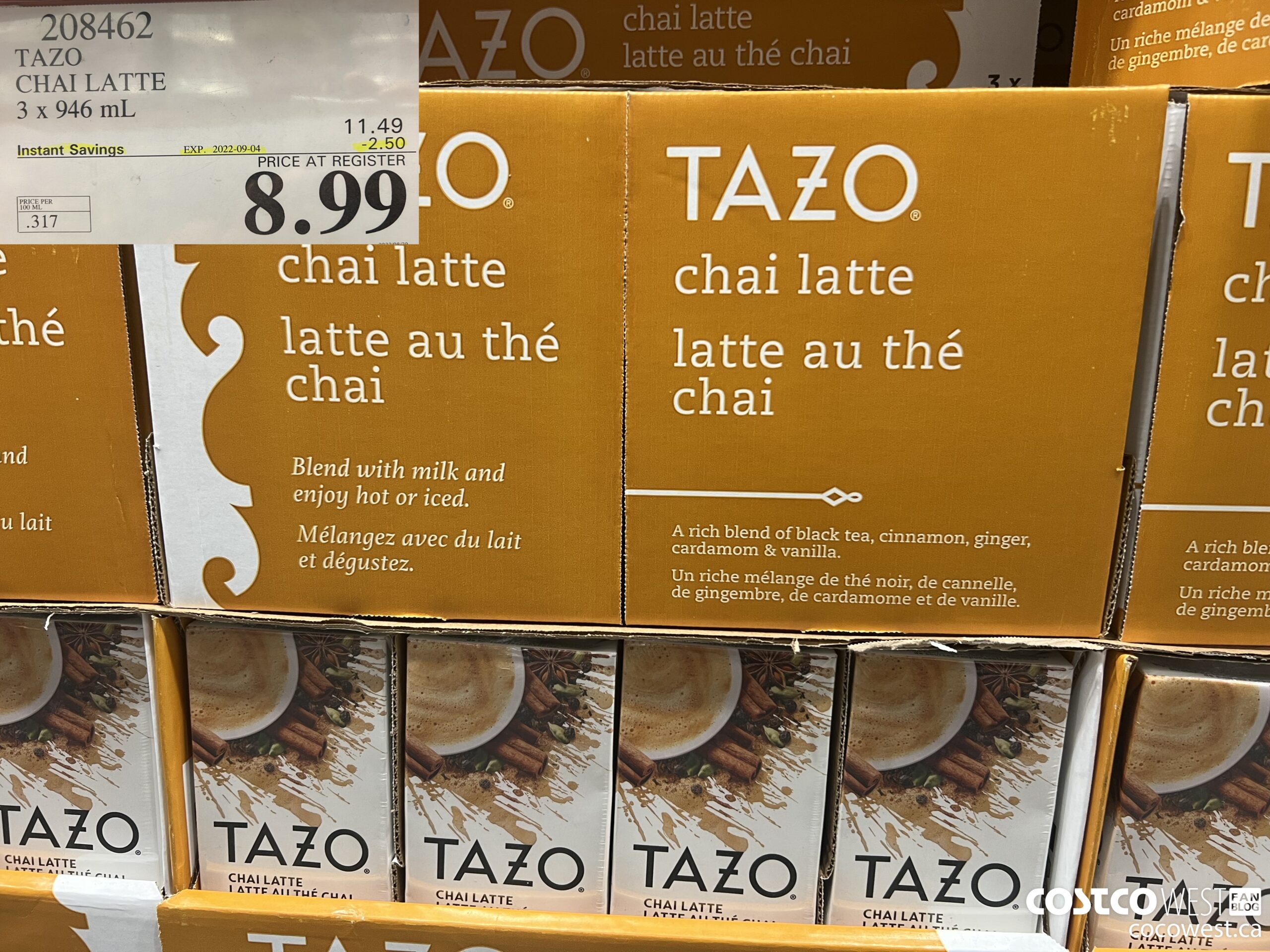 208462 TAZO CHAI LATTE 3 x 946 mL ($2.50 INSTANT SAVINGS EXPIRES ON 2022-09-04) $8.99