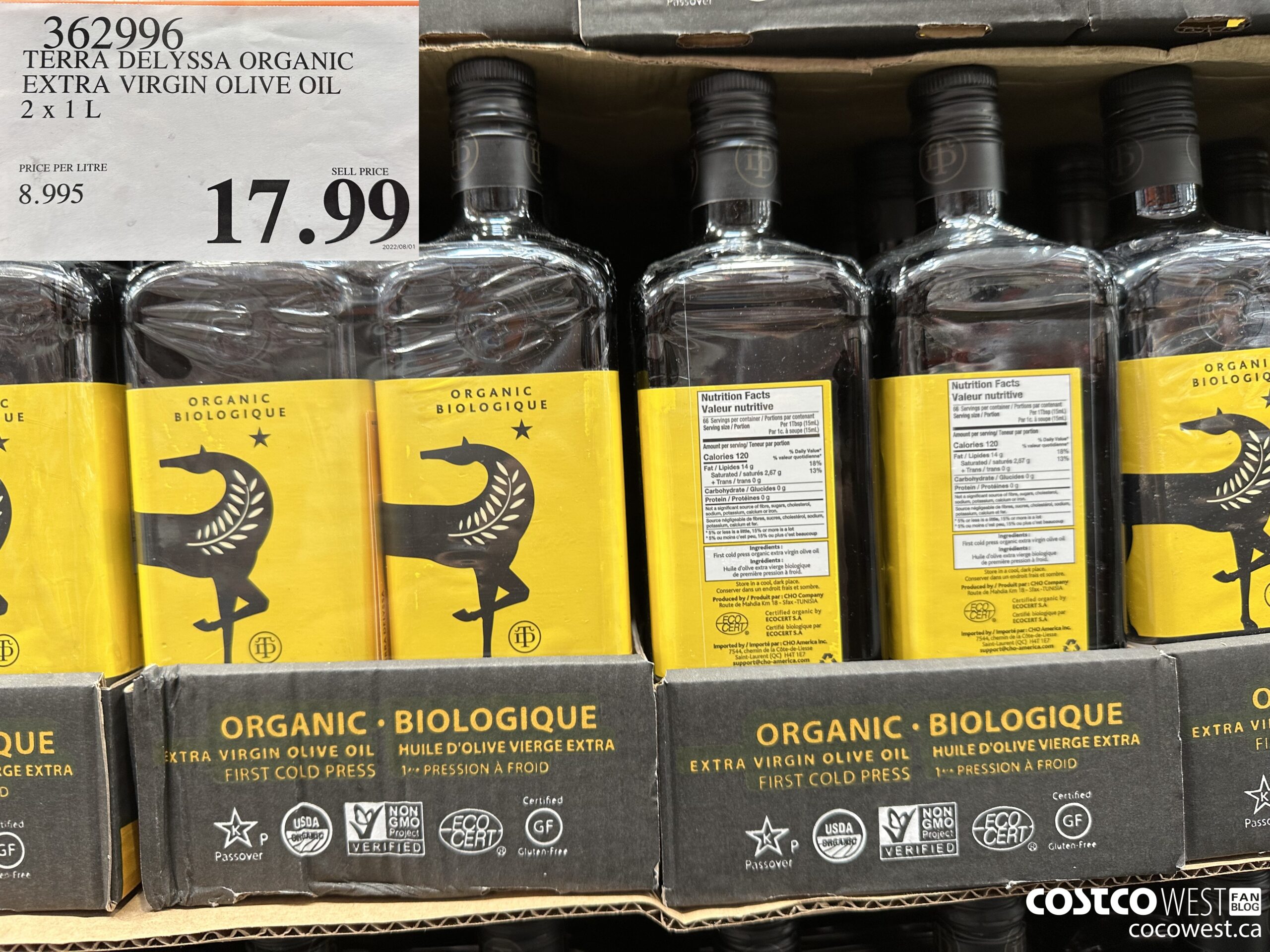 362996 TERRA DELYSSA ORGANIC EXTRA VIRGIN OLIVE OIL 2 x 1 L $17.99