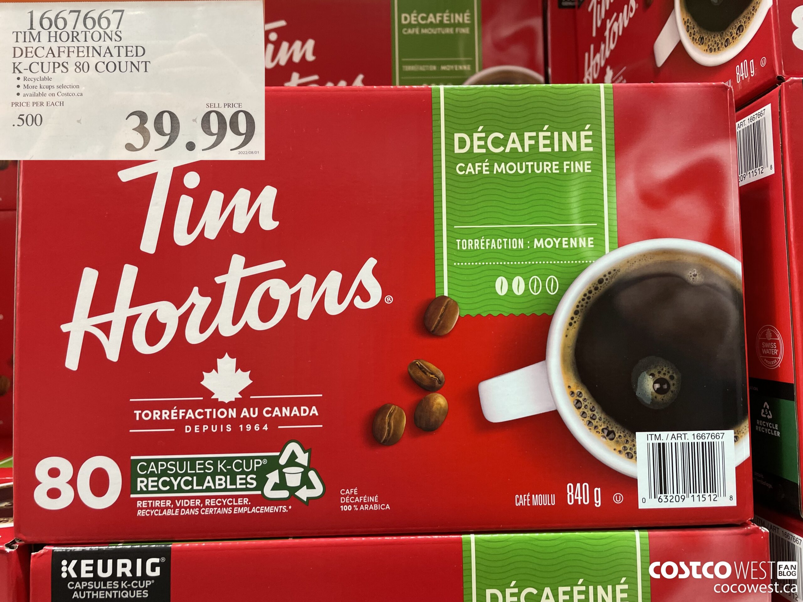 1667667 TIM HORTONS DECAFFEINATED K-CUPS 80 COUNT $39.99