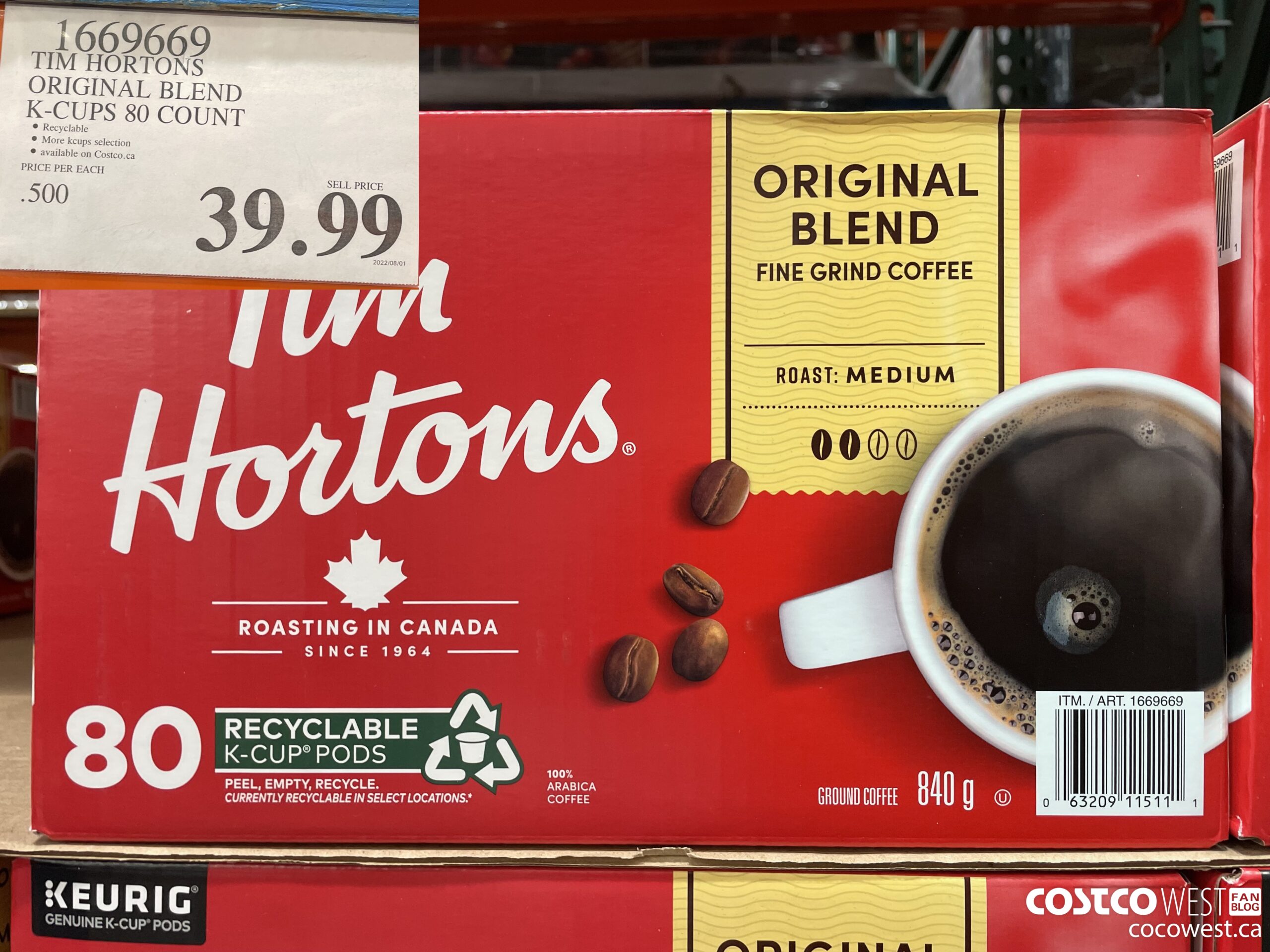 1669669 TIM HORTONS ORIGINAL BLEND K-CUPS 80 COUNT $39.99