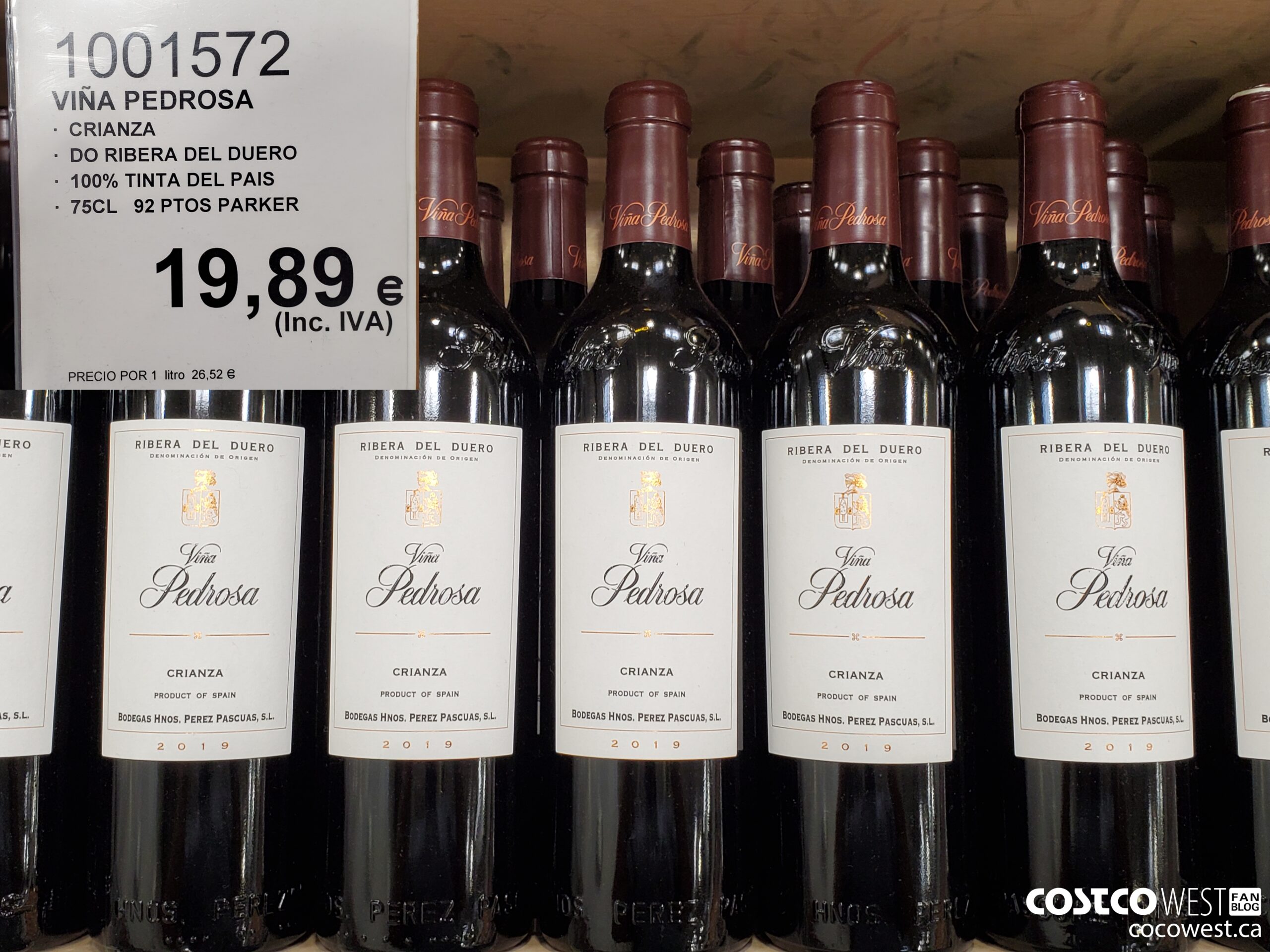 1001572 VINA PEDROSA CRIANZA DO RIBERA DEL DUERO 100% TINTA DEL PAIS 75 CL $19.89