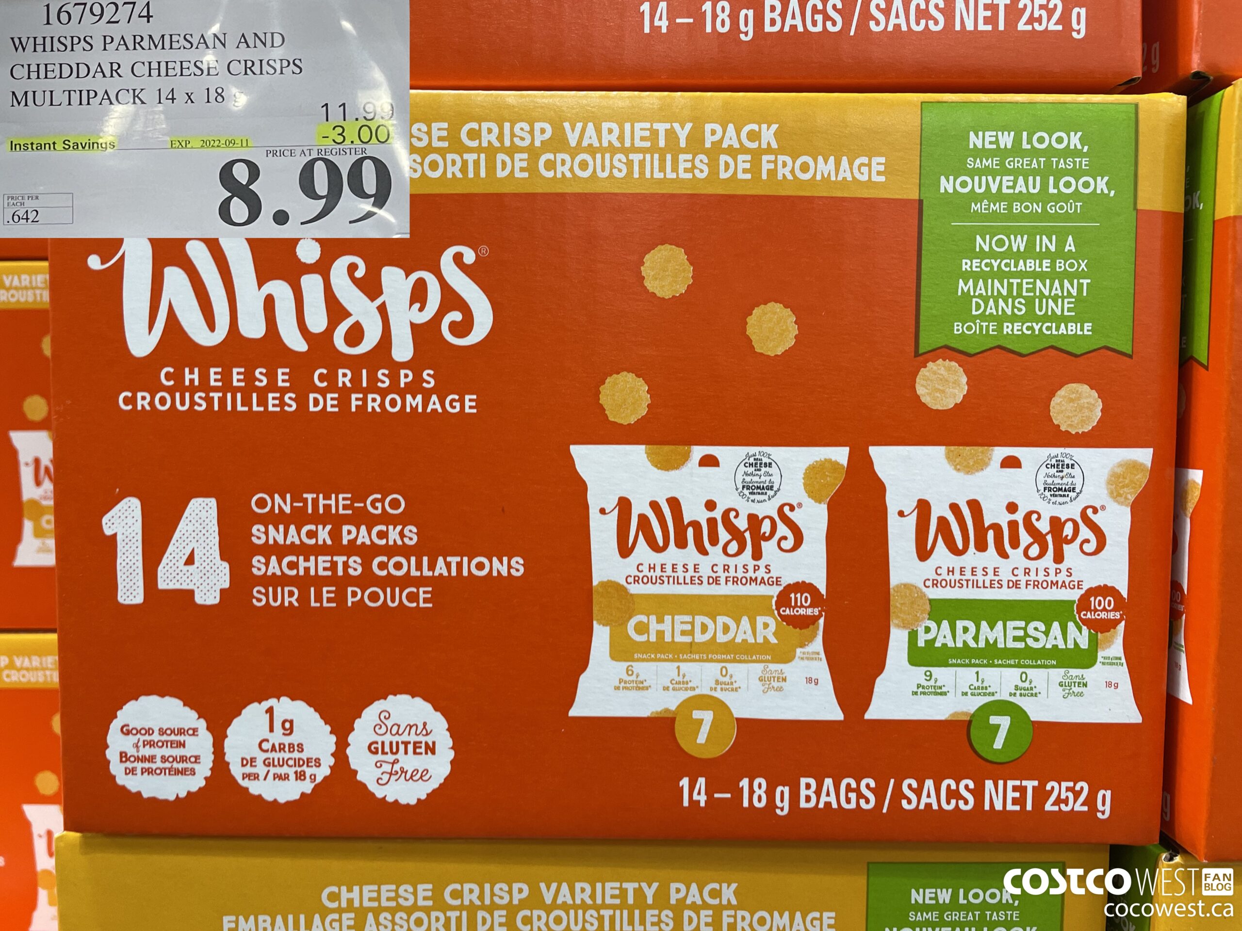 1679274 WHISPS PARMESAN AND CHEDDAR CHEESE CRISPS MULTIPACK 14 X 18 G ($3.00 INSTANT SAVINGS EXPIRES ON 2022-09-11) $8.99