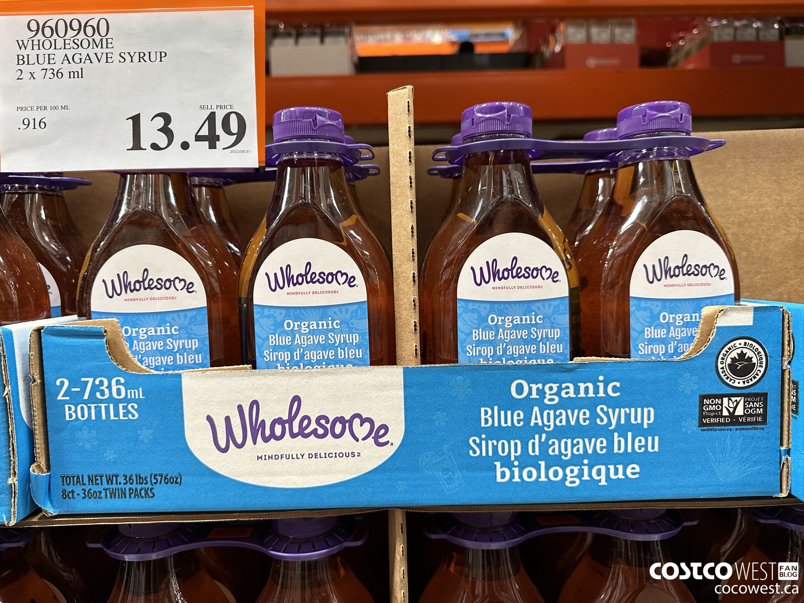 960960 WHOLESOME BLUE AGAVE SYRUP 2 x 736 mL $13.49