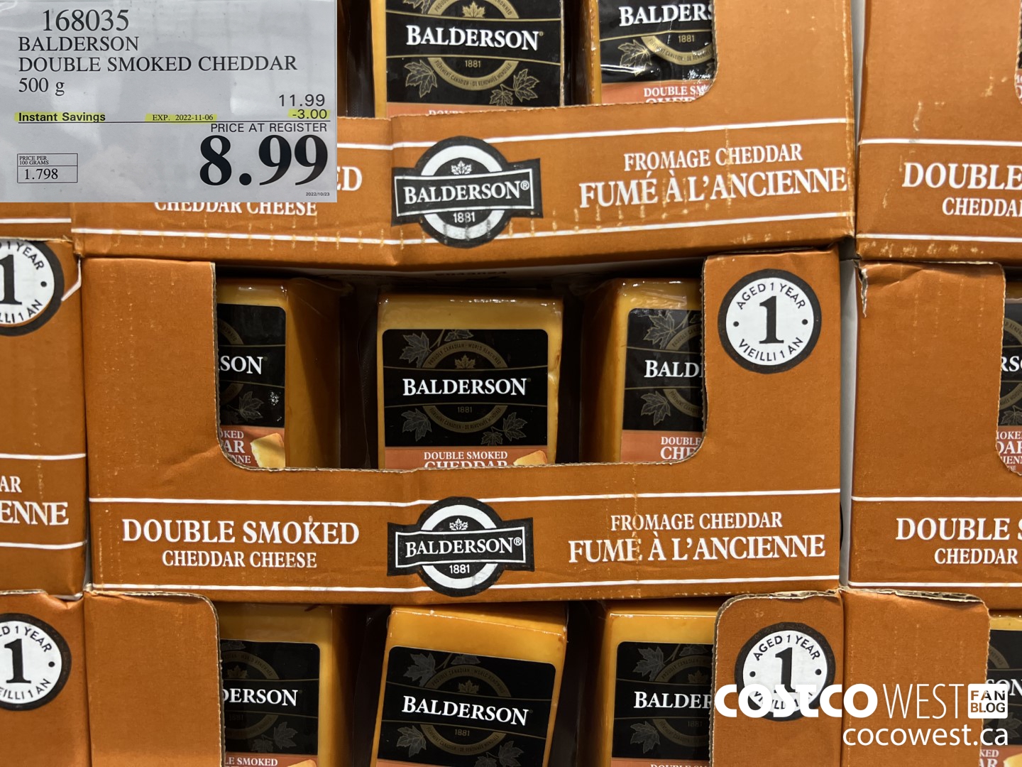 168035 BALDERSON DOUBLE SMOKED CHEDDAR 500 g ($3.00 INSTANT SAVINGS EXPIRES ON 2022-11-06) $8.99