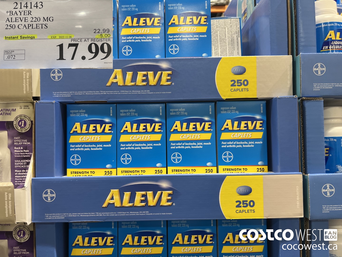 214143 BAYER ALEVE 220 MG 250 CAPLETS ($5.00 INSTANT SAVINGS EXPIRES ON 2022-11-06) $17.99
